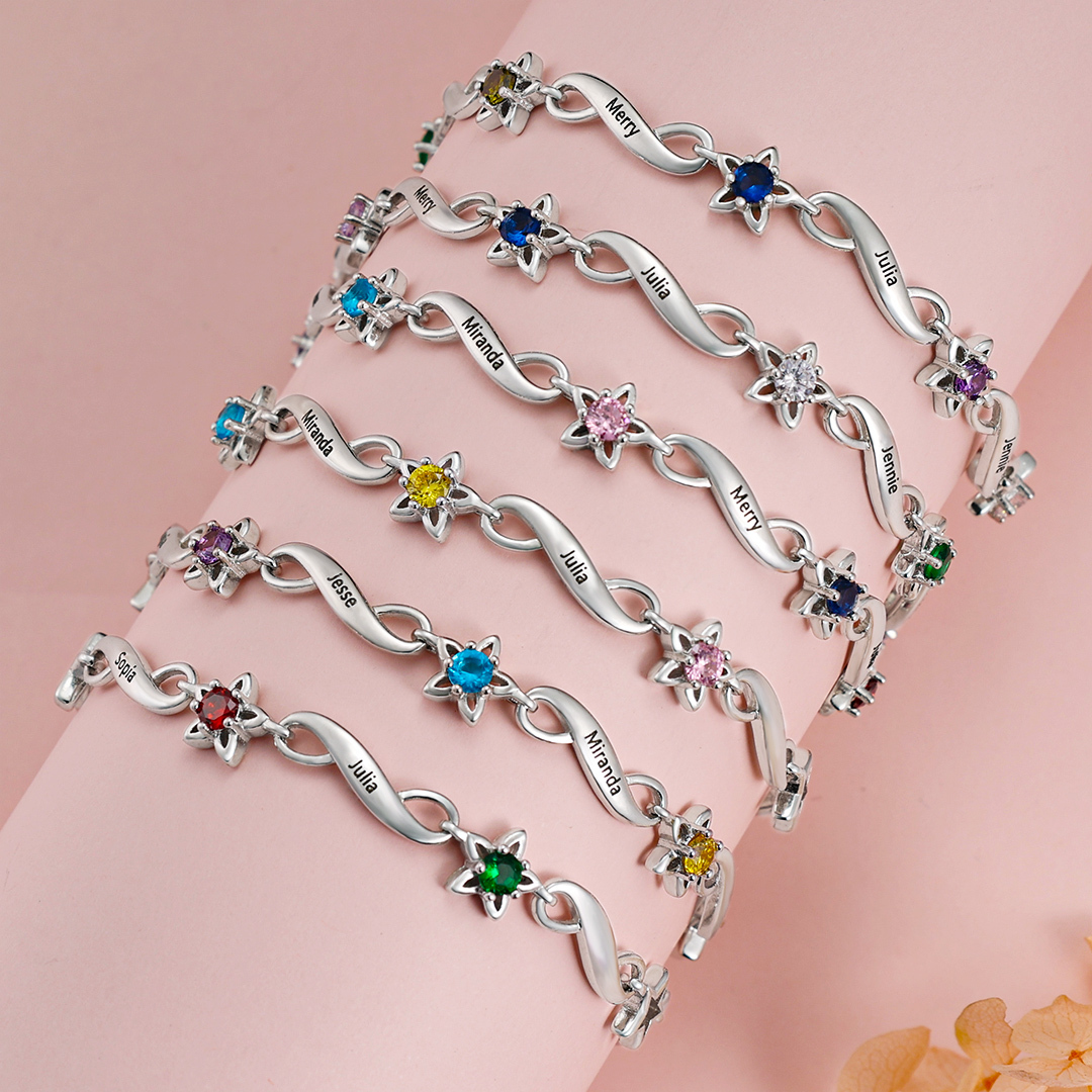 Bracelet infini à Breloque coeurs 4 Prénom Personnalisé avec 4 Pierre de Naissance