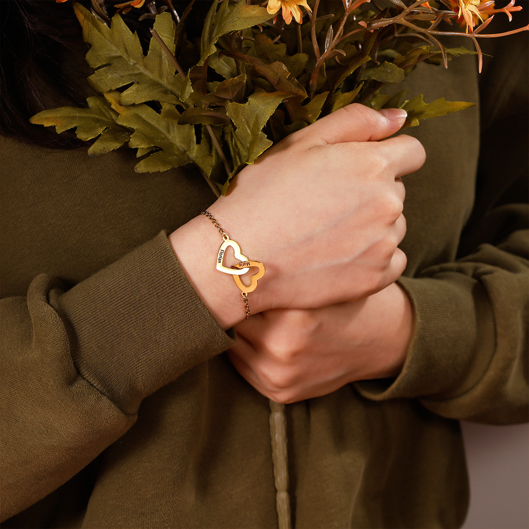 Bracelet 2 Prénoms Personnalisés avec 2 Cœurs