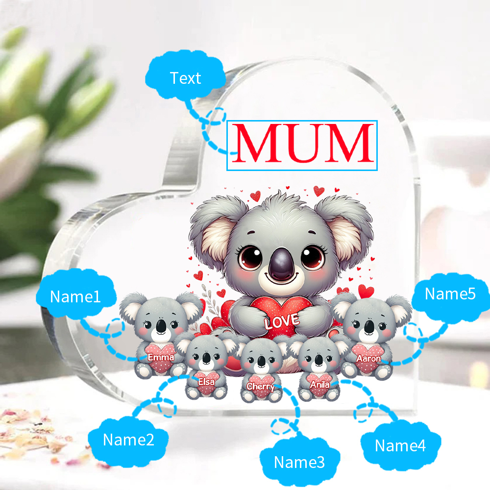 À ma Maman/Mamie - Plaque Acrylique en Forme de Cœur Koala 5 Prénoms Personnalisés avec 1 Texte