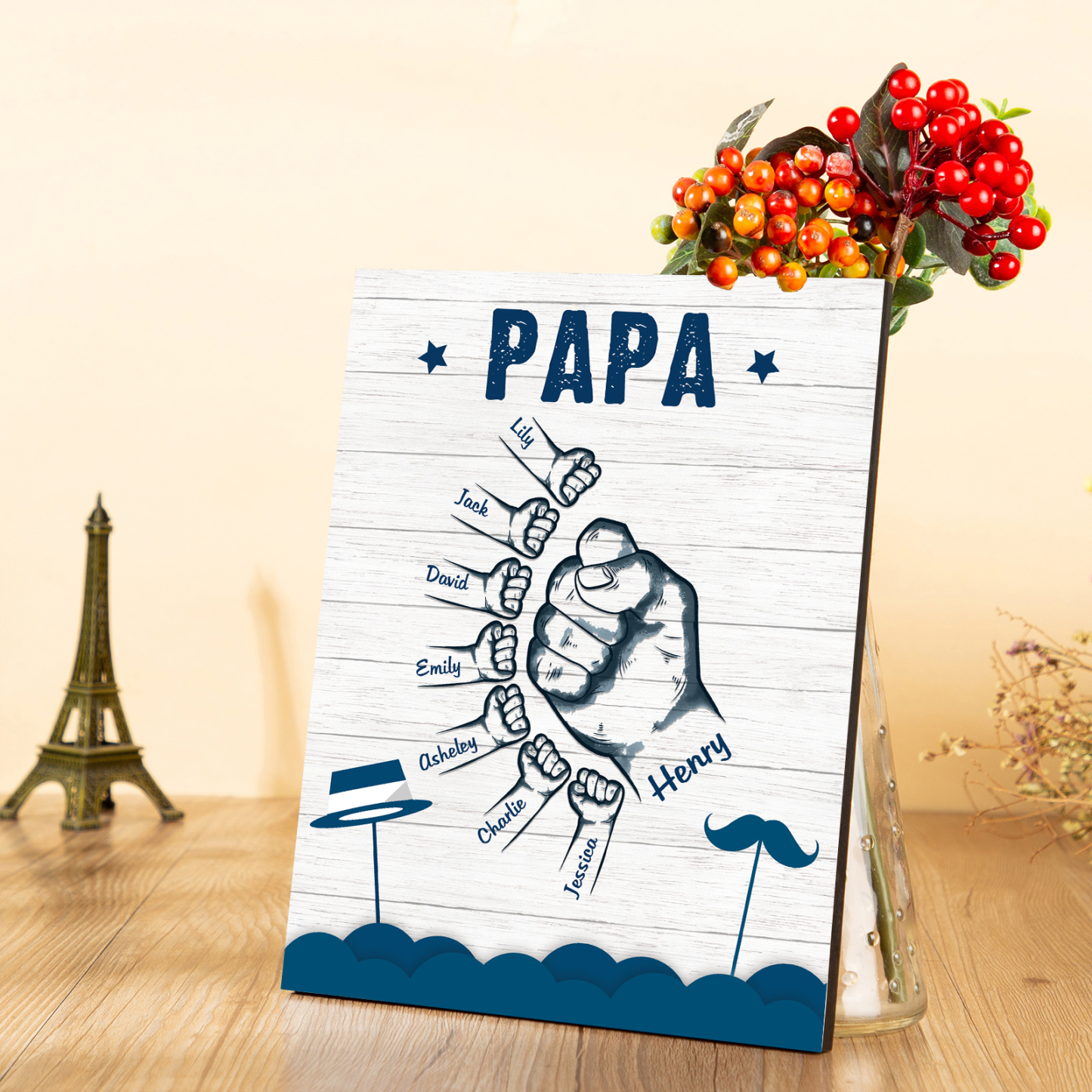 À Mon Papa/Papi-Cadre en Bois Poings 8 Prénoms Personnalisés avec Texte
