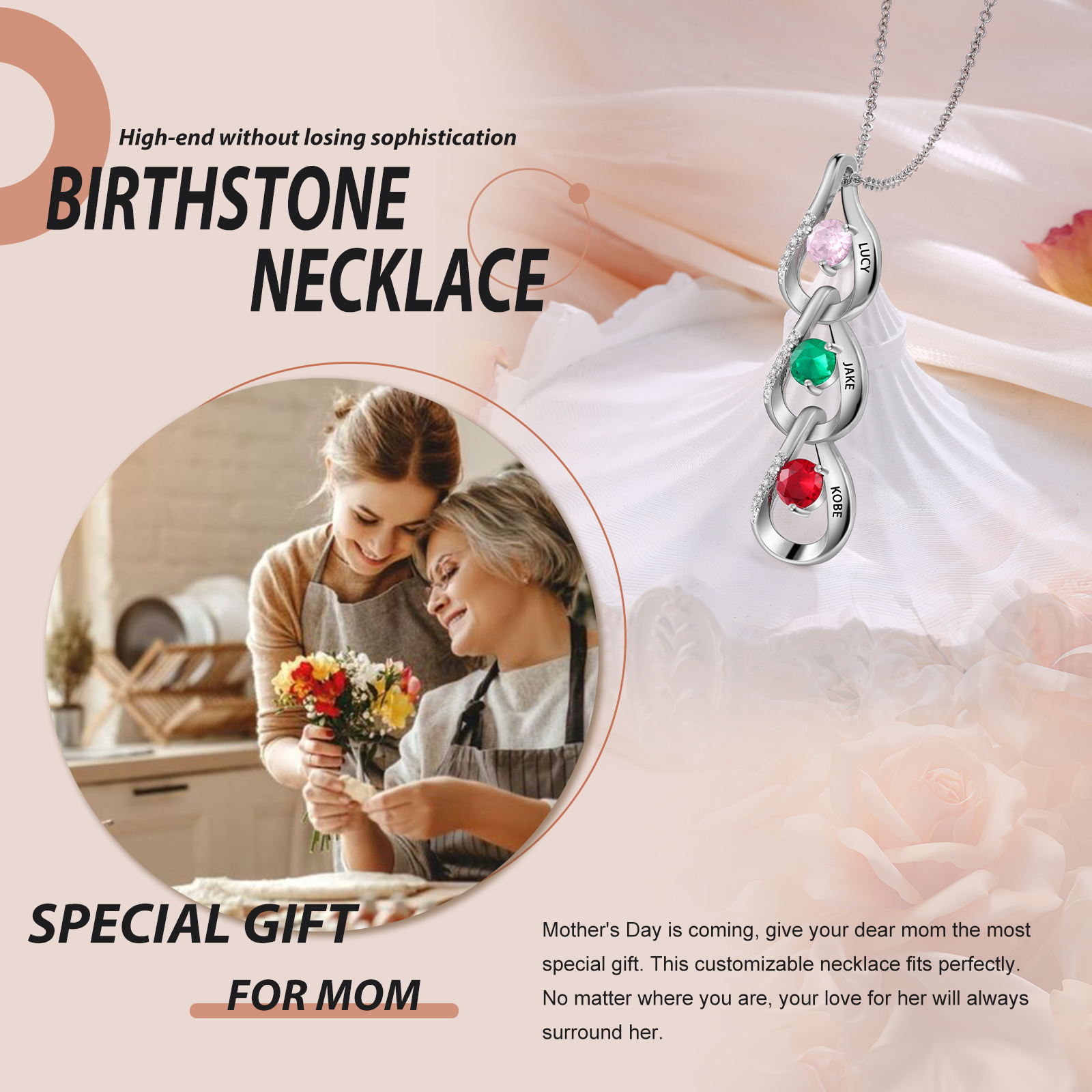 Collier Pendentif Goutte d'eau 3 Prénoms Personnalisés avec Pierres de naissance