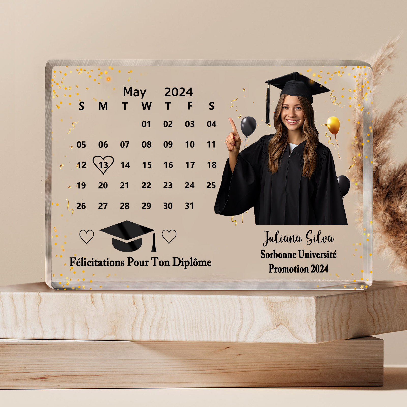 Plaque Acrylique Rectangle Diplômés Prénom et Photo Personnalisés avec Date et 2 Textes Cadeau de Graduation