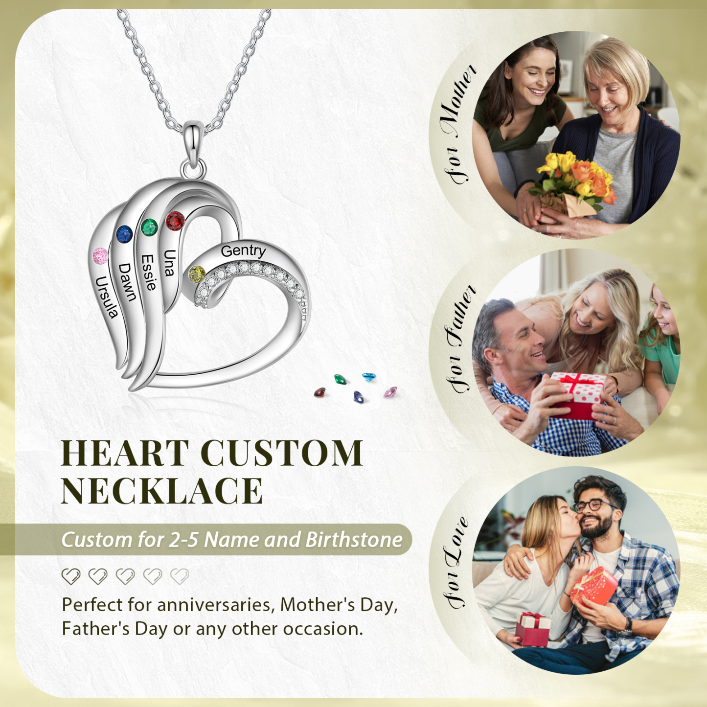 Collier Coeur 5 Prénoms Personnalisés avec Pierre de naissance pour Femmes|Jessemade