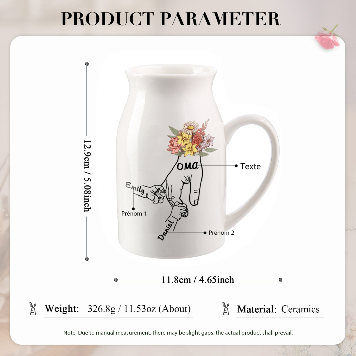 Vase à Fleurs la main dans la main 2 Prénoms Personnalisés avec Texte Décoration de la Maison
