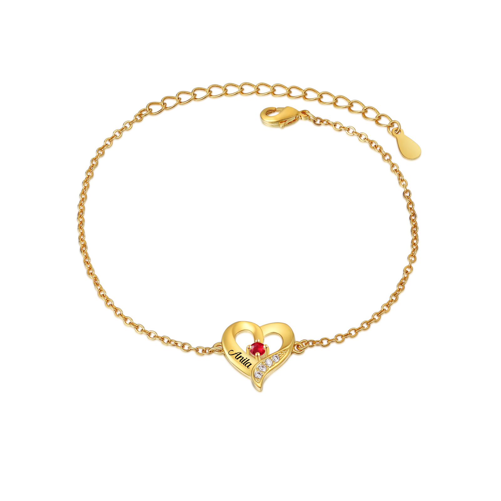 Bracelet Cœur gravé 1-7 Prénoms Personnalisés avec Pierres de Naissance