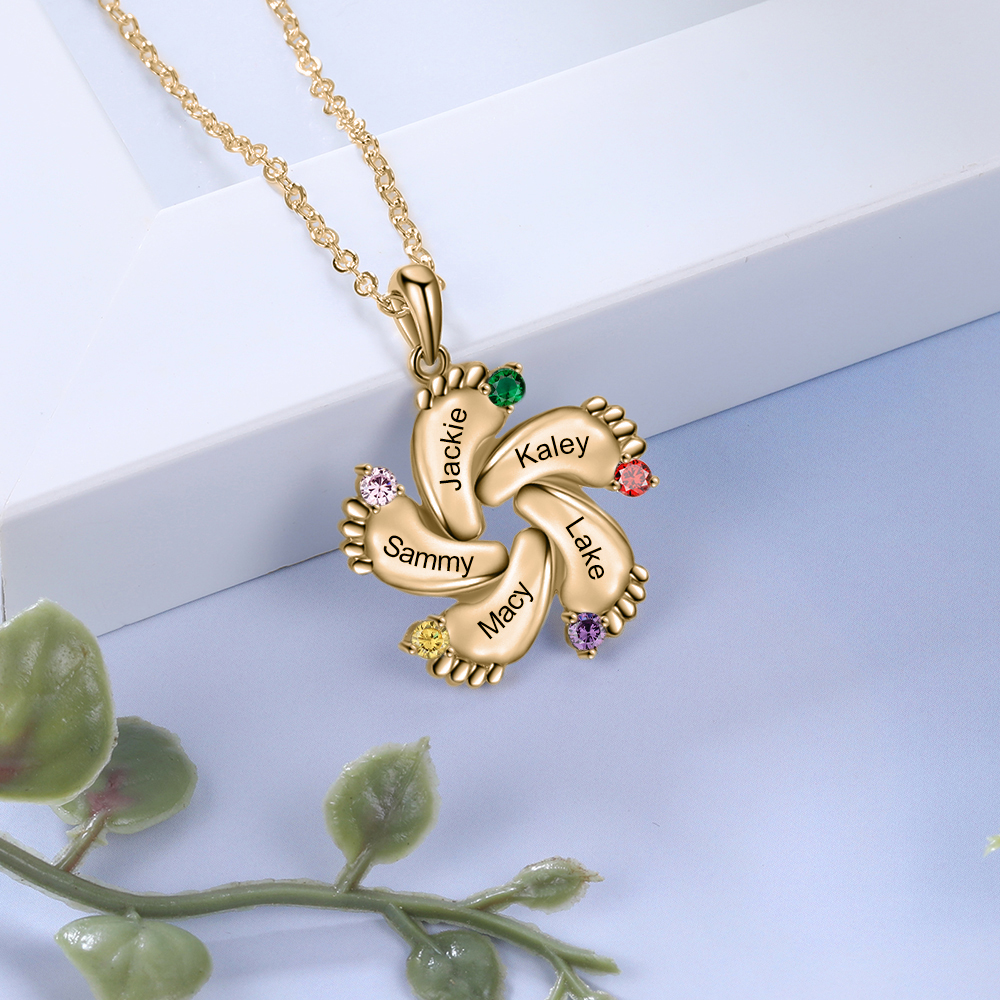 Collier 5 Prénom Personnalisé pied bebe avec pierre de naissance