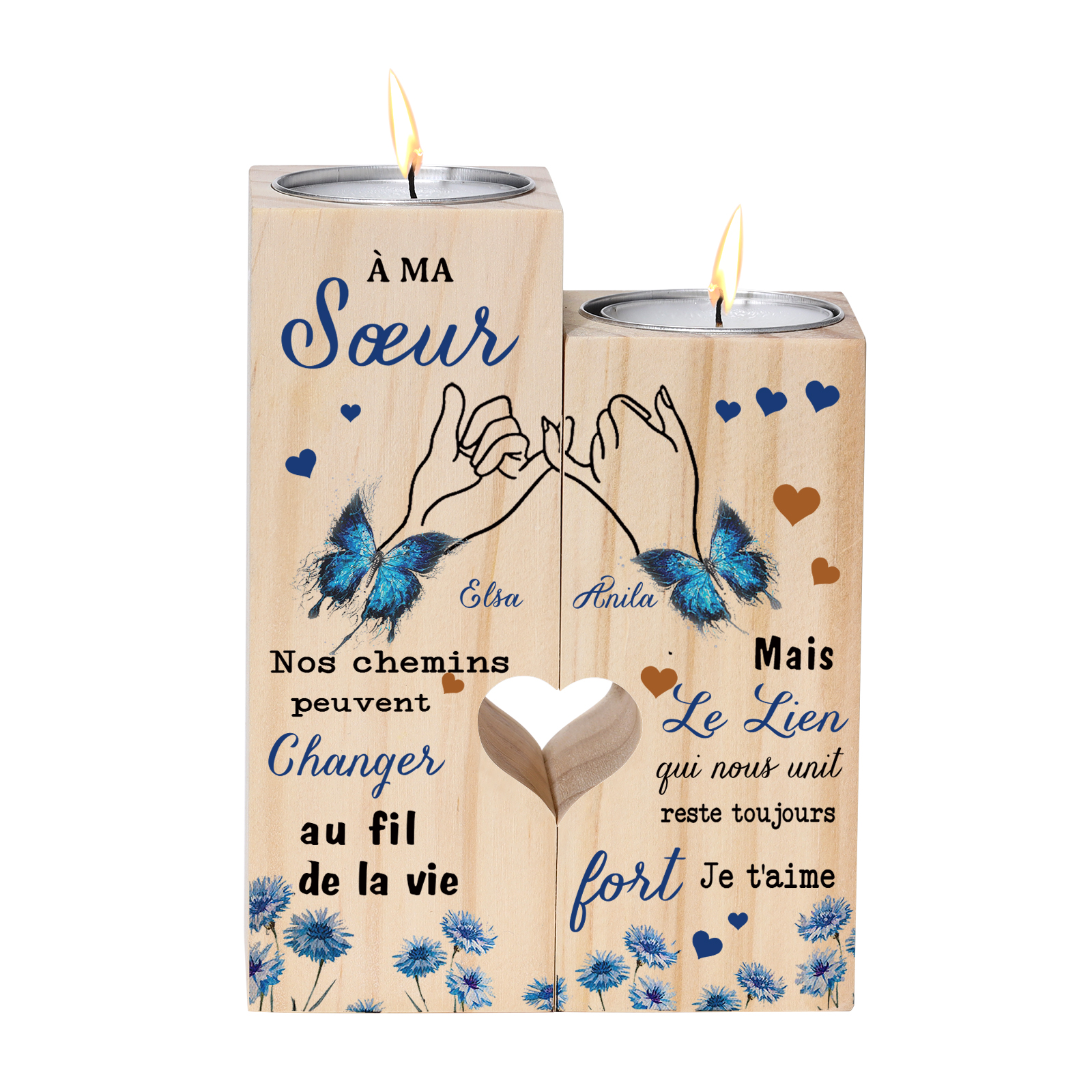 À Ma Sœur - Bougeoir en Bois 2 Prénoms Personnalisés sans bougie