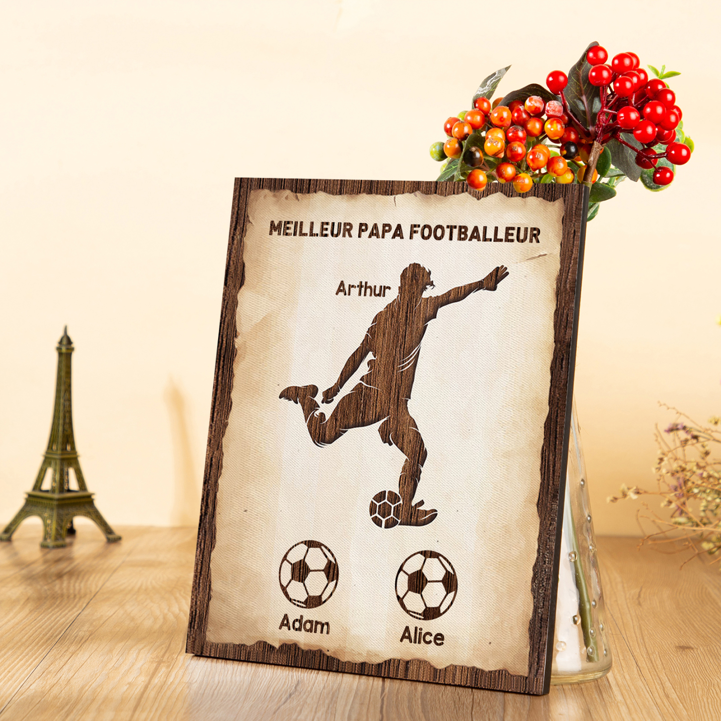 À Mon Papa-Cadre en Bois Football 3 Prénoms Personnalisés