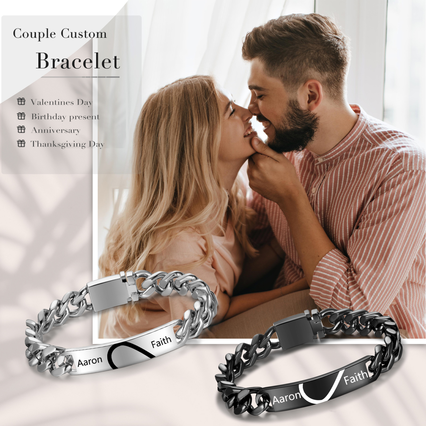 Bracelet couple 2PCS avec 2 Prénoms Personnalisés Gourmette bracelet en commun｜Jessemade