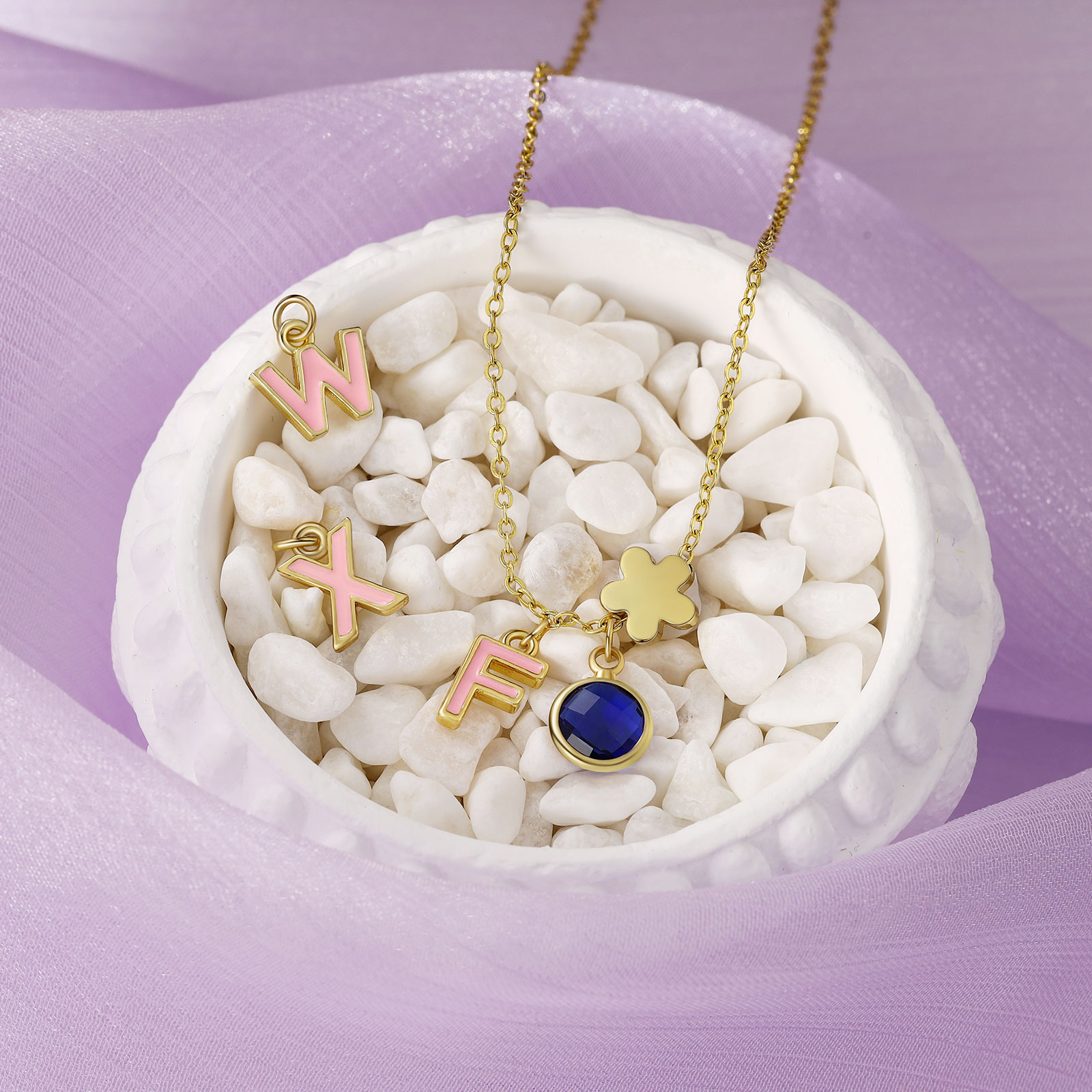 Collier Enfants Bébé Collier 1 Pierre de Naissance et 1 Lettre pour Fille Filleule