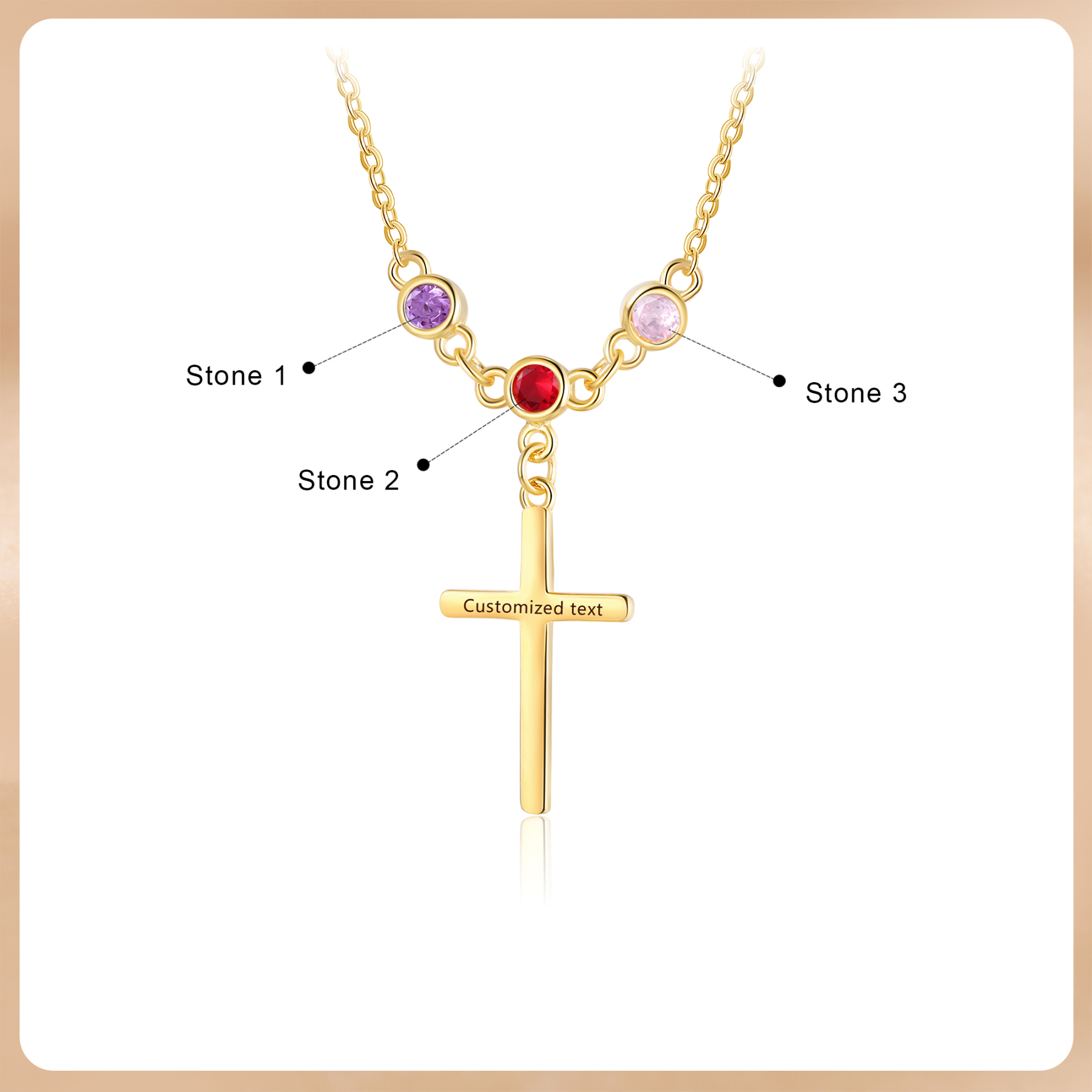 Collier Croix 3 Pierres de Naissance Personnalisés avec Texte Collier pour Femmes