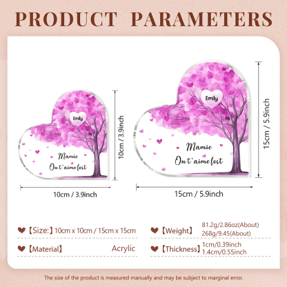 À ma Maman/Mamie - Plaque Acrylique Arbre en Forme de Cœur 1 Prénom Personnalisé avec 1 Texte