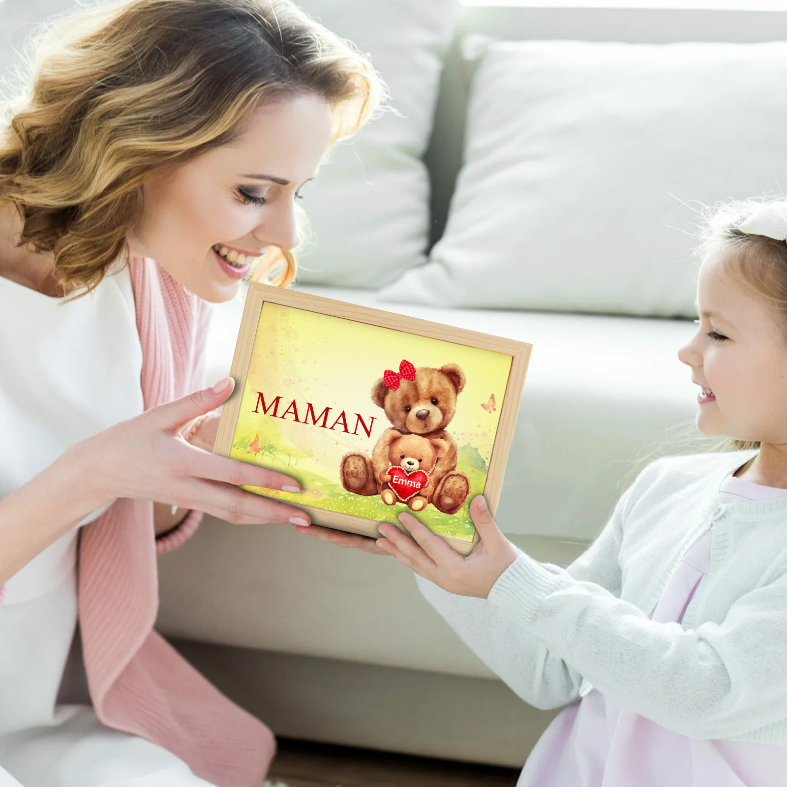 Cadre Photo LED Ours 1 Prénom Personnalisé avec 1 Texte Décoration Famille