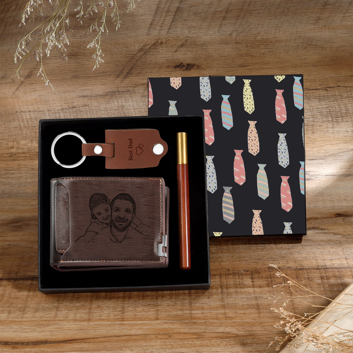 Coffret Cadeau 3PCS - Portefeuille classique Porte-Clés et Stylo 3 Textes et 2 Photo Personnalisés Coffret Cadeau pour Homme