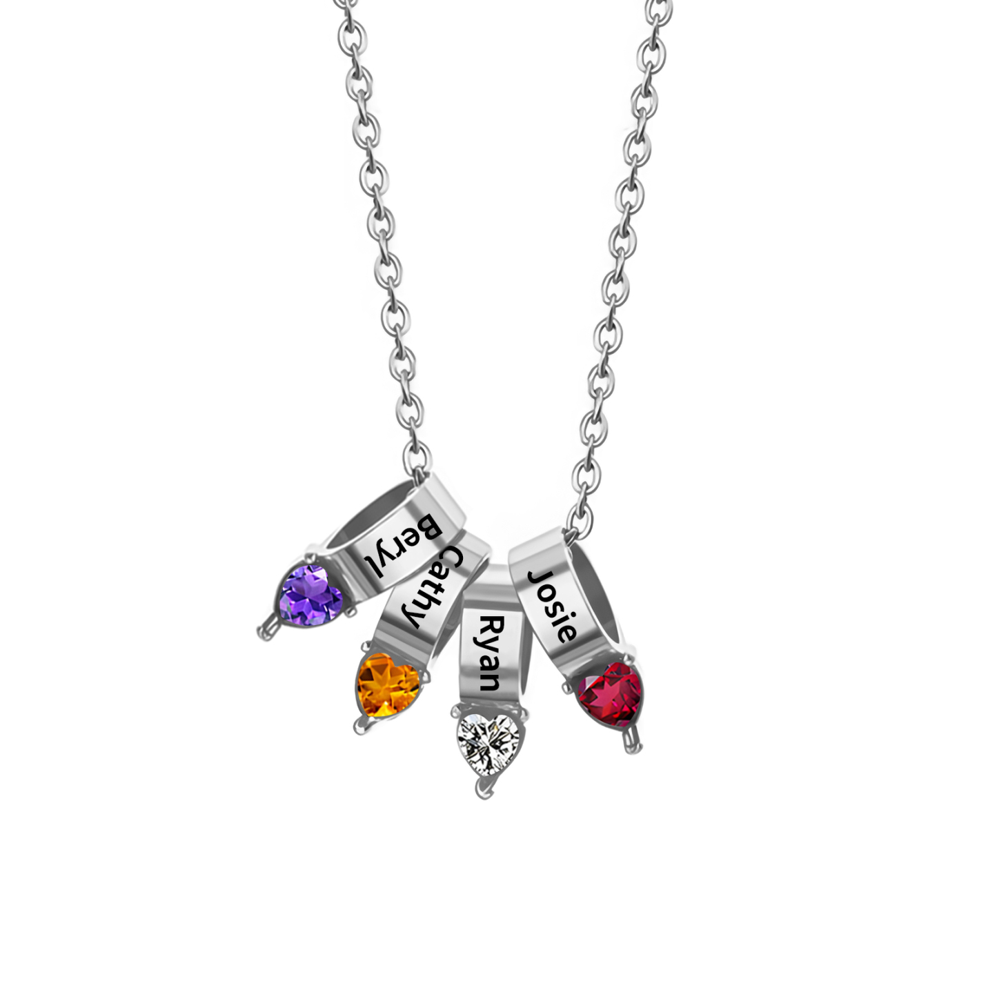 Collier Pendentif Cœur 4 Prénoms et Pierres de Naissance Personnalisés Collier Femmes