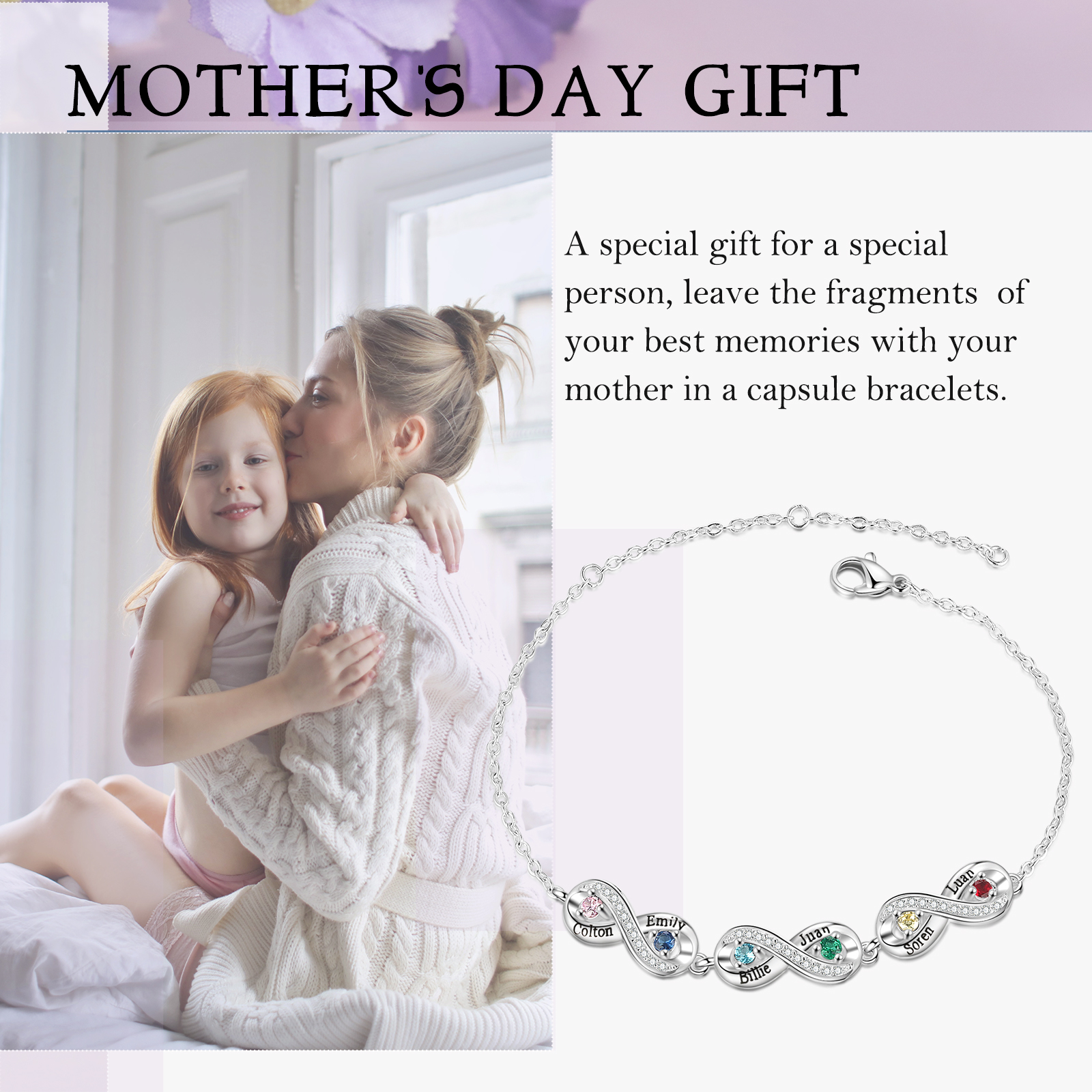 Bracelet Infini 6 Prénoms Personnalisé avec 6 Pierres de Naissance