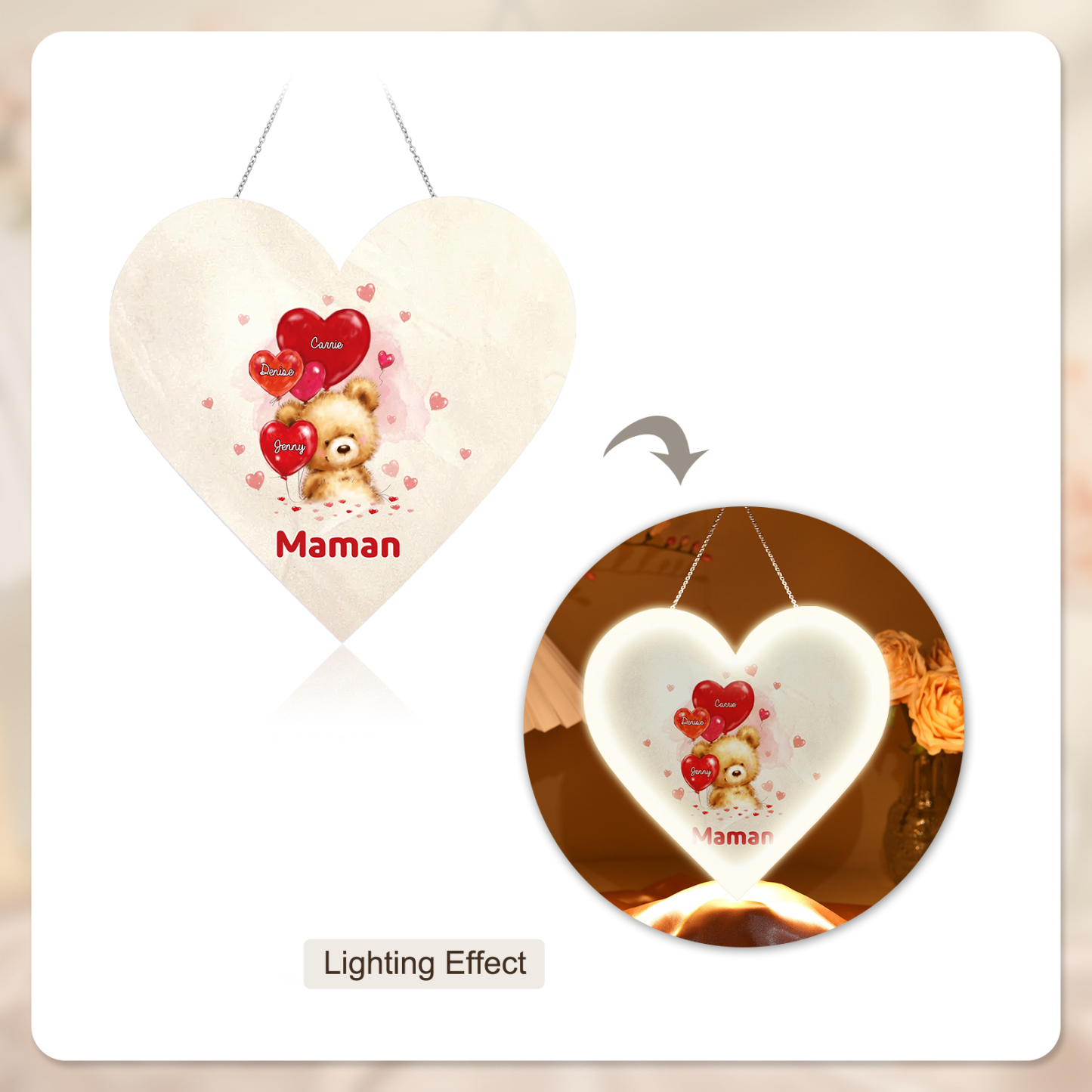 À Maman/Mamie - Veilleuse Cœur Décoration Ours 3 Prénoms Personnalisés avec 1 Texte