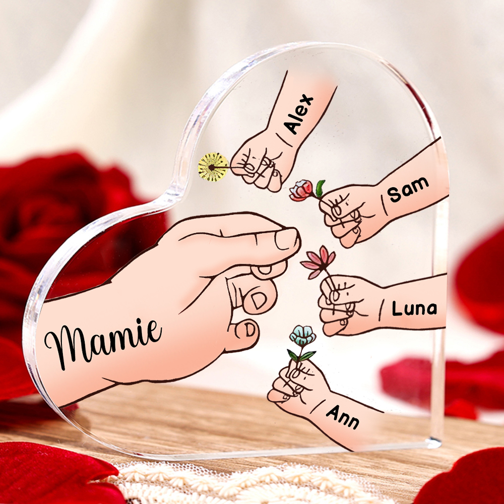 À ma Maman/Mamie - Plaque Acrylique Mains et Enfants en Forme de Cœur 5 Prénoms Personnalisés