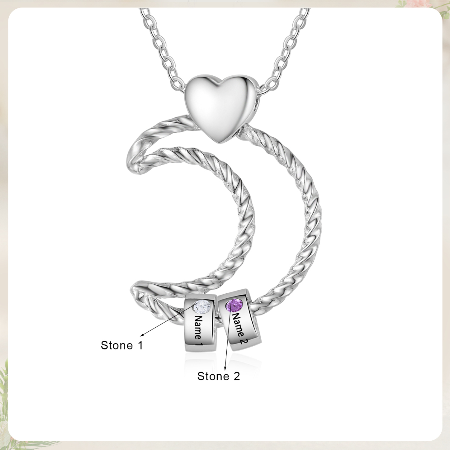 Collier Pendentif Lune 2 Prénoms et Perles Personnalisés avec Pierres de Naissance Collier Femmes