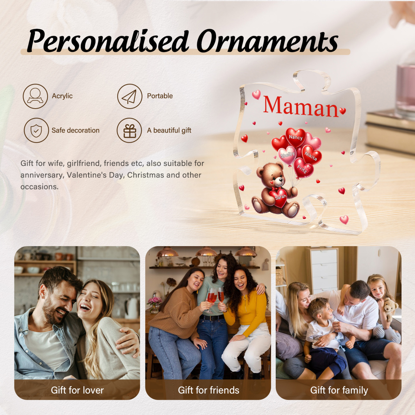 Plaque Acrylique en forme de Puzzle Ours 5 Prénoms et 1 Texte Personnalisés