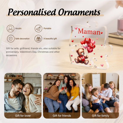 Plaque Acrylique en forme de Puzzle Ours 5 Prénoms et 1 Texte Personnalisés