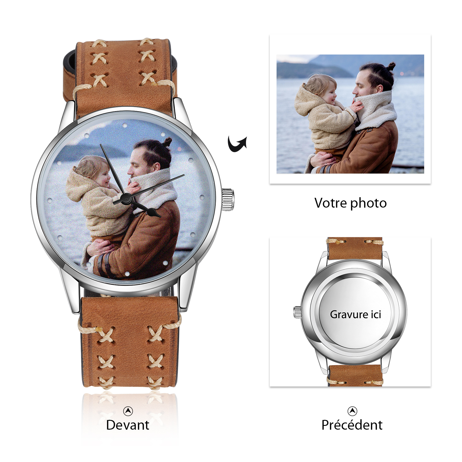 Montre Personnalisée Photo avec Gravure du prénom en Cuir véritable