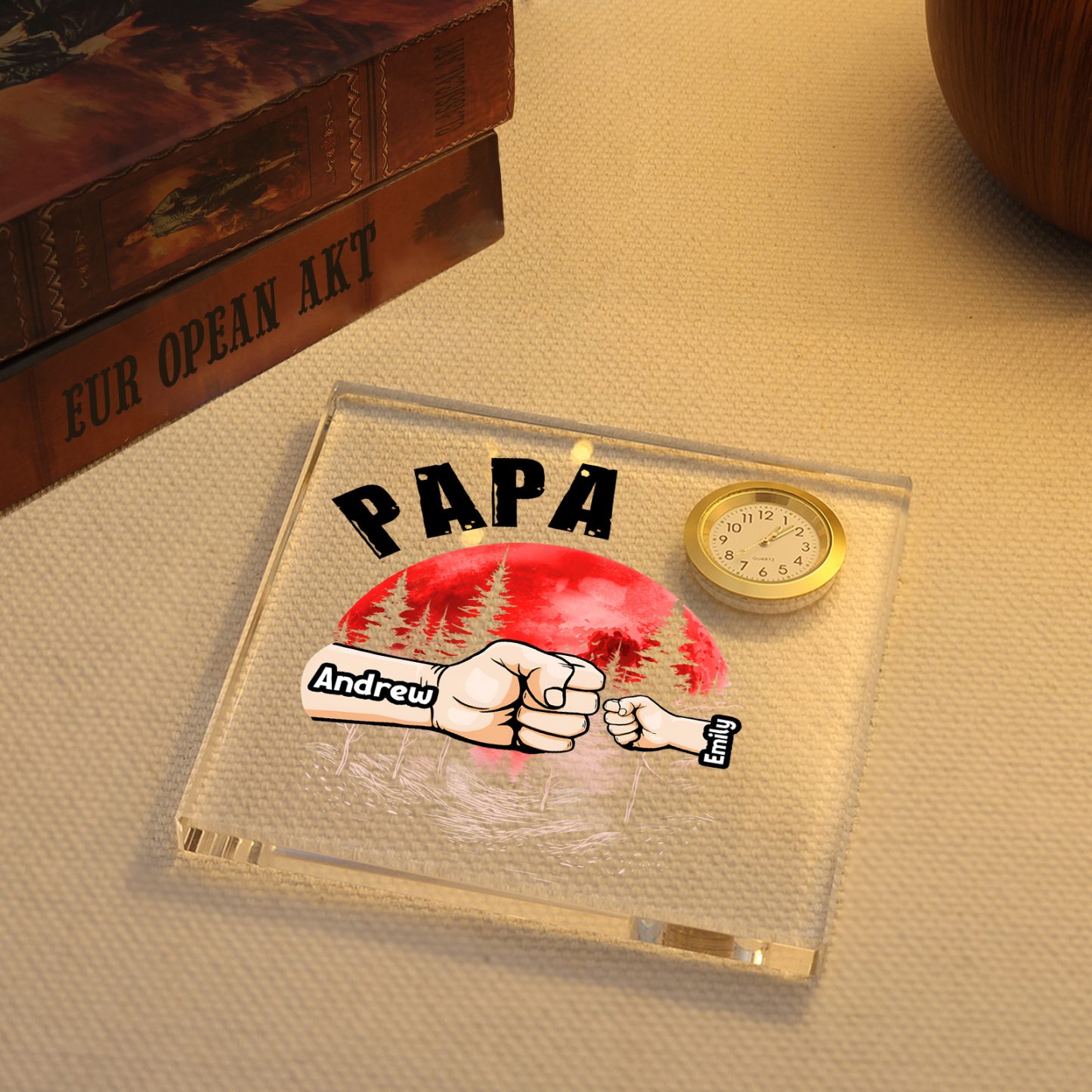 À Papa/Papi - Plaque Acrylique Poings Rectangle avec Horloge 2 Prénoms et 1 Texte Personnalisés