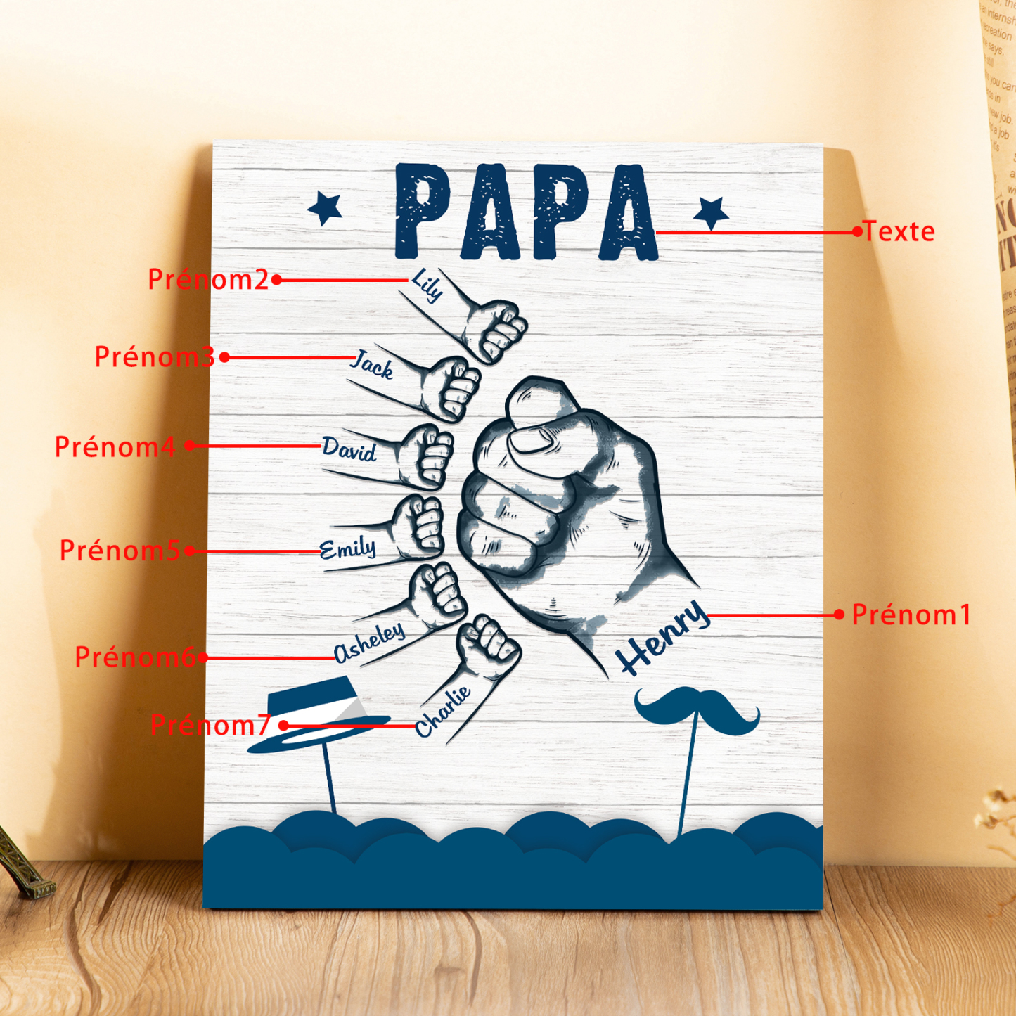 À Mon Papa/Papi-Cadre en Bois Poings 7 Prénoms Personnalisés avec Texte