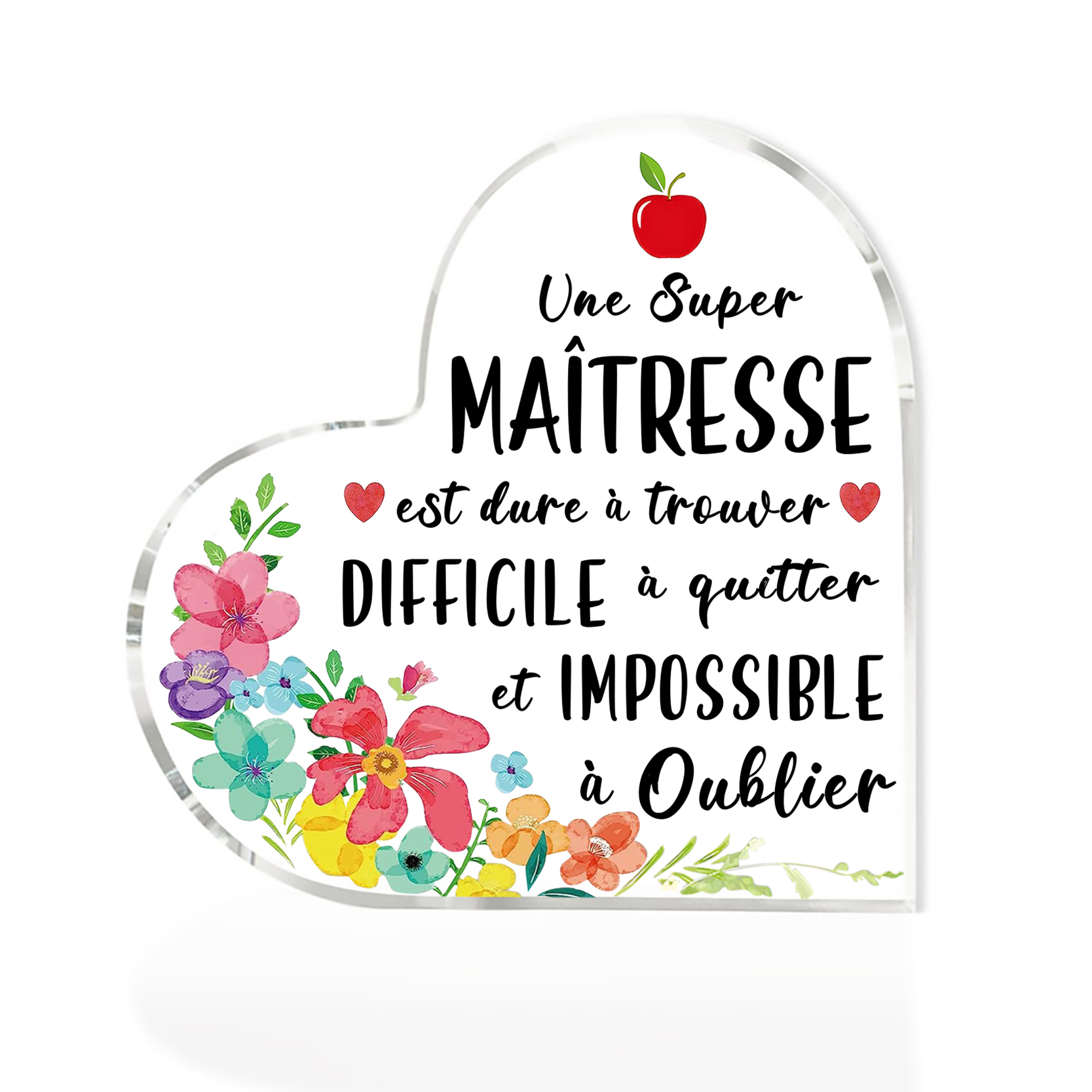 À Ma Maîtresse -Plaque Acrylique en Forme de Cœur avec Message de Remerciement et Motif Floral | Jessemade