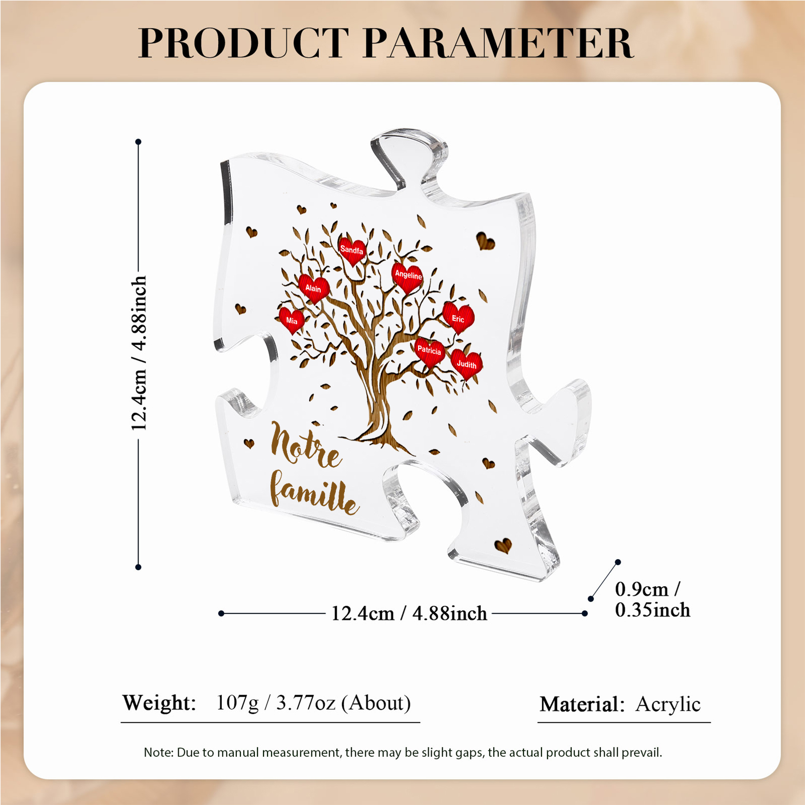 Plaque Acrylique en forme de Puzzle Arbre de Vie 7 Prénoms et Texte Personnalisés