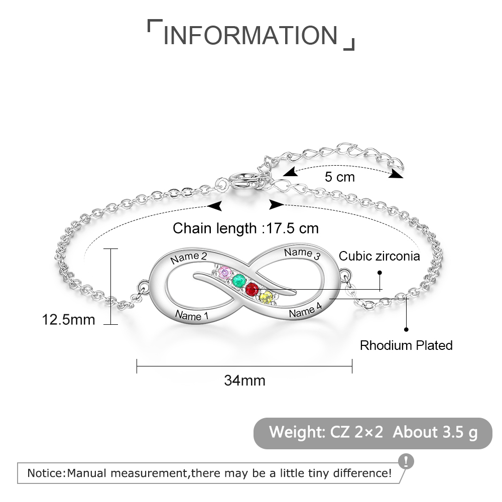 Bracelet infini 4 Prénom Personnalisé avec 4 Pierre de Naissance