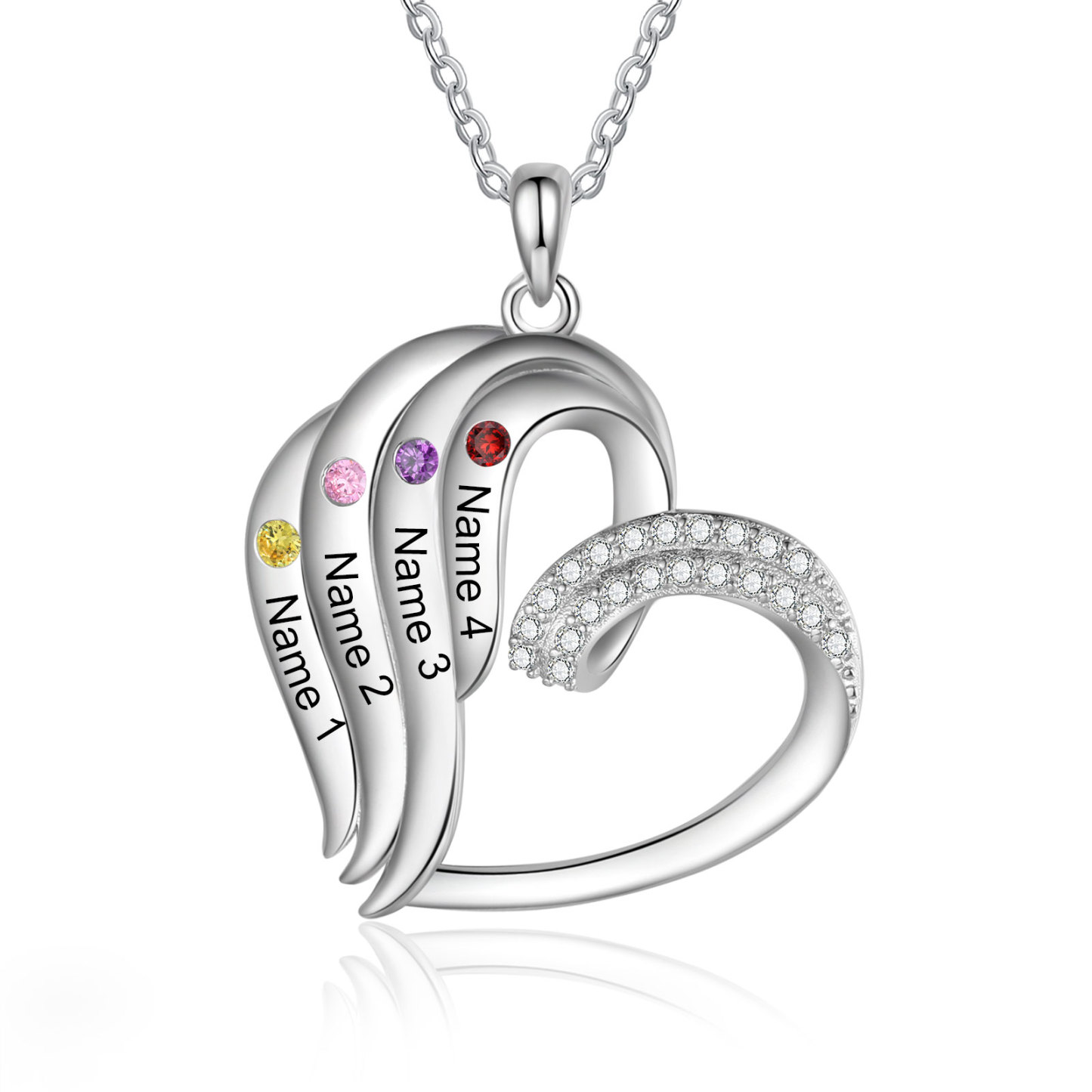 Collier Coeur 4 Prénoms Personnalisés avec Pierre de naissance pour Femmes|Jessemade