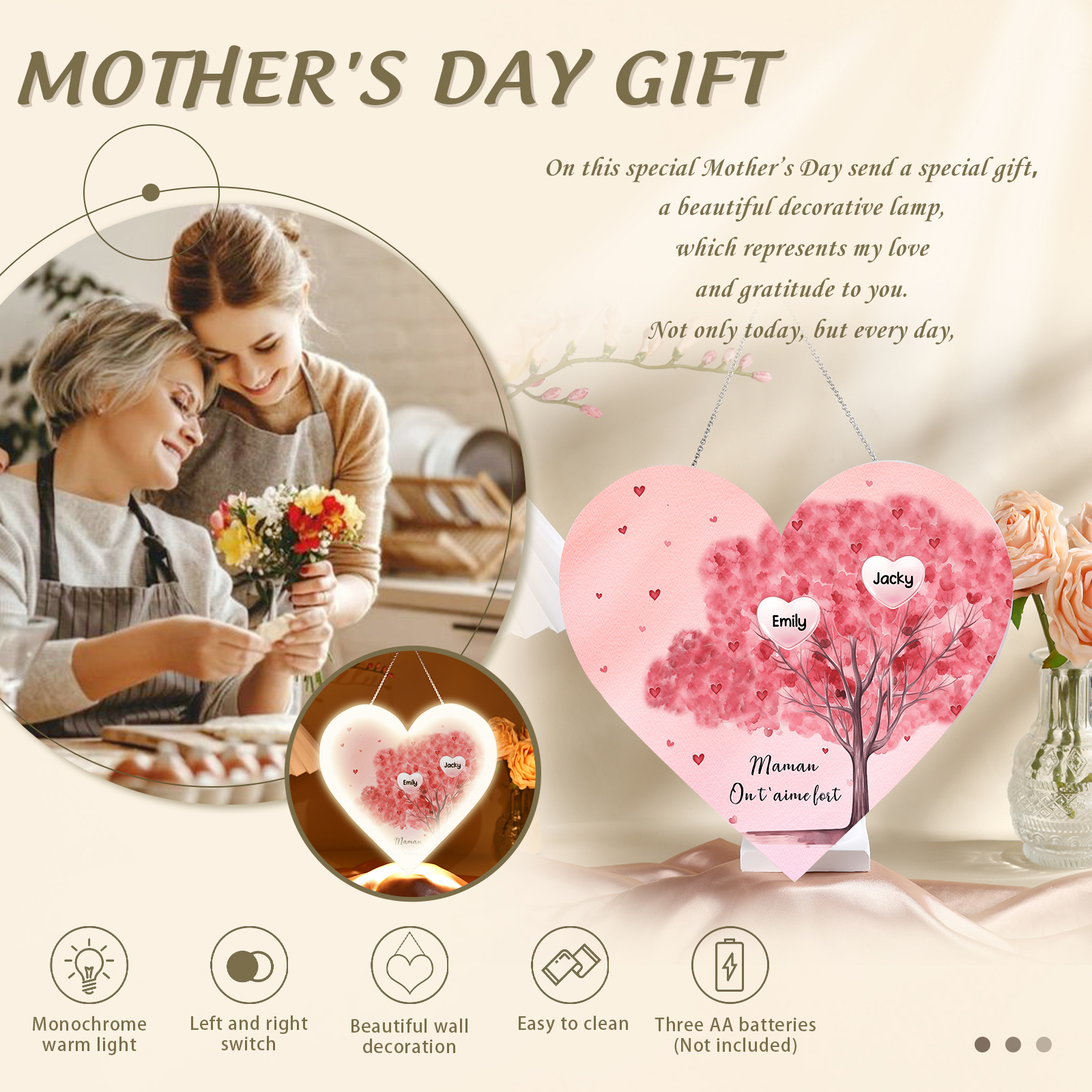 À Maman/Mamie - Veilleuse Cœur Arbre Décoration 2 Prénoms Personnalisés avec 1 Texte