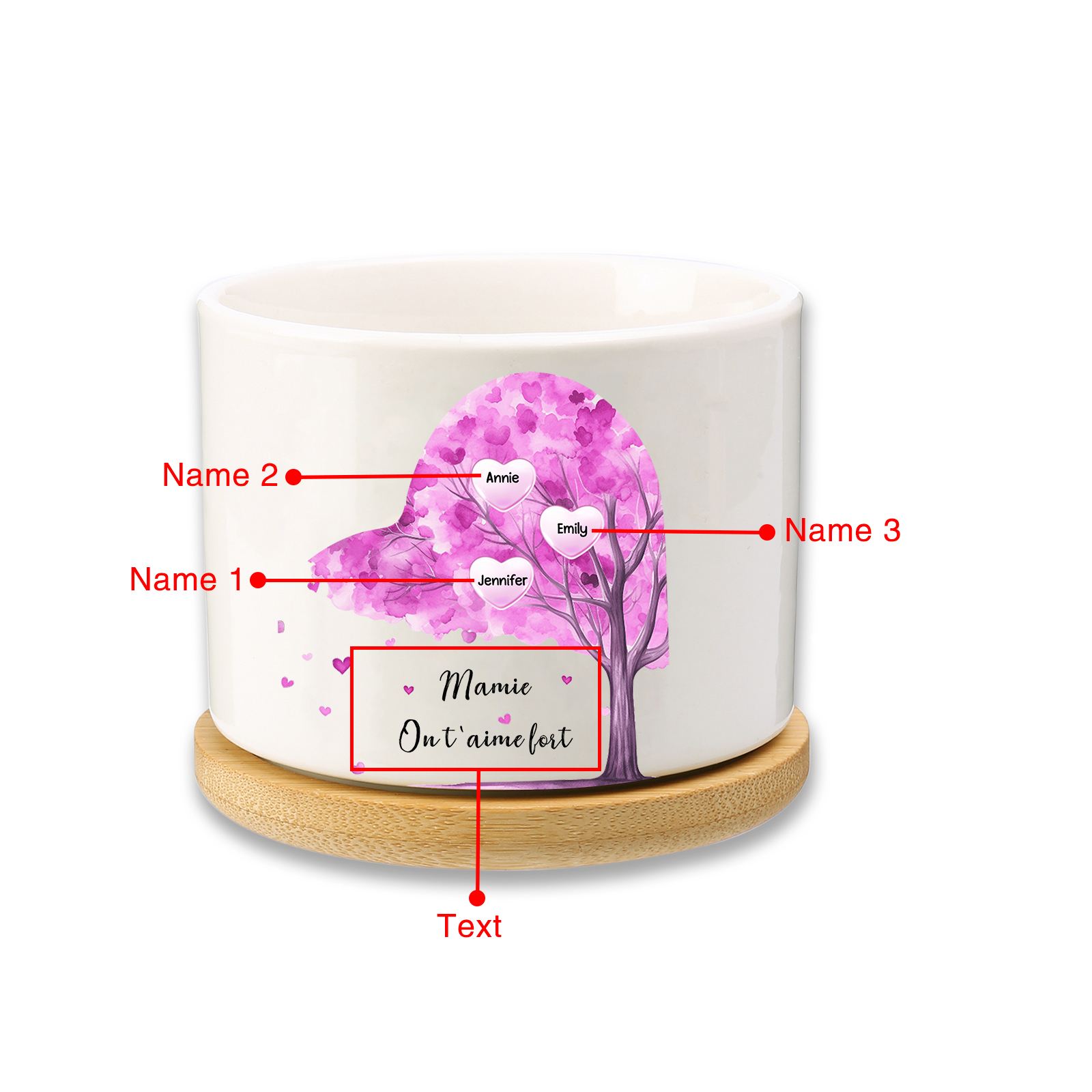 Vase/Pot de Fleurs Arbre 3 Prénoms et 1 Texte Personnalisés Décoration de la Maison (sans plantes)