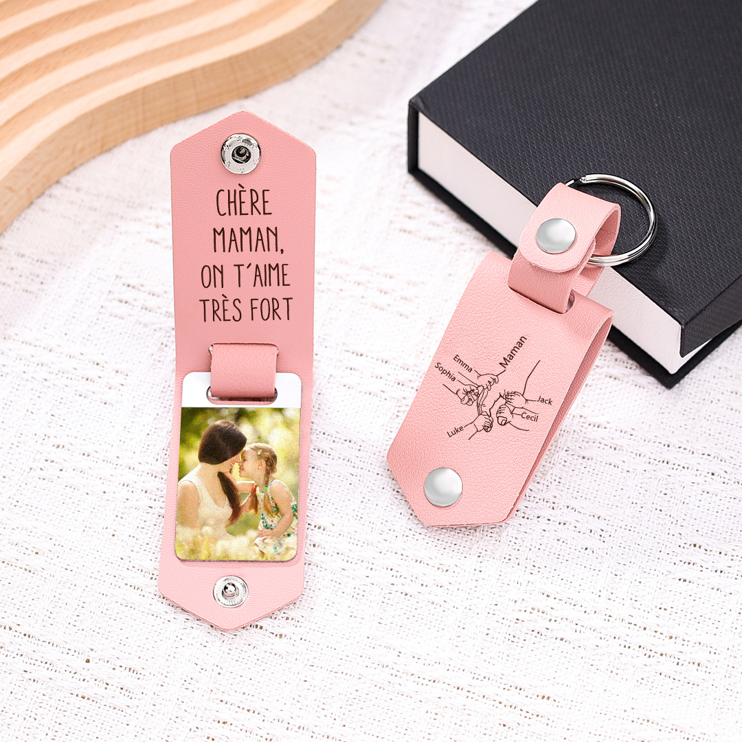 À ma Maman - Porte-Clés Cuir la Main dans la Main 5 Prénoms Personnalisés avec Photo | Jessemade