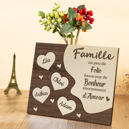 Cadre en Bois Cœur 4 Prénoms Personnalisés pour Famille