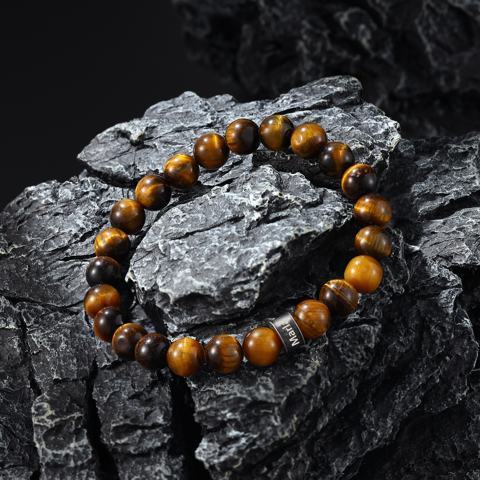 Bracelet d'Oeil de Tigre avec 1 Prénom Personnalisé pour Homme