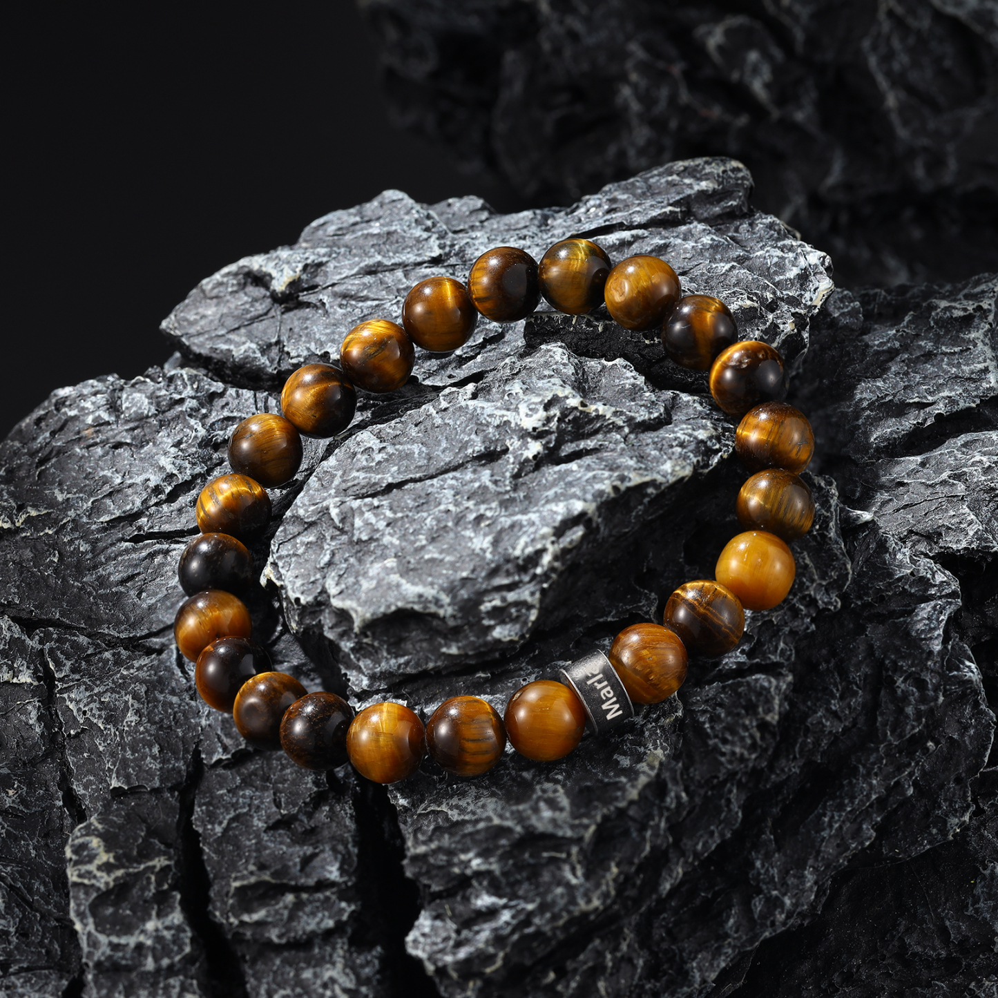 Bracelet d'Oeil de Tigre avec 1 Prénom Personnalisé pour Homme