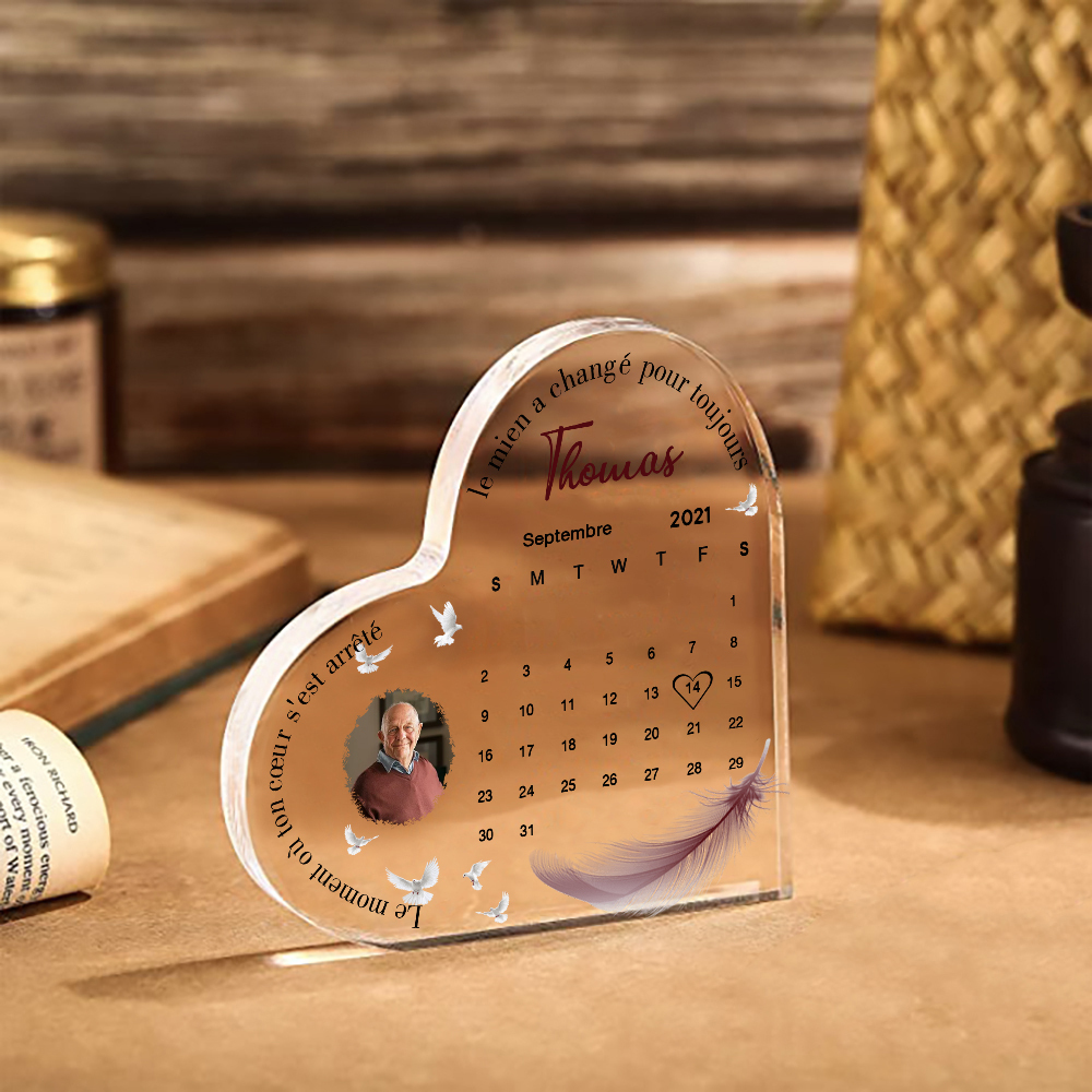 Plaque Acrylique en Forme de Cœur Commémorative 1 Prénom et Date Personnalisés avec Photo