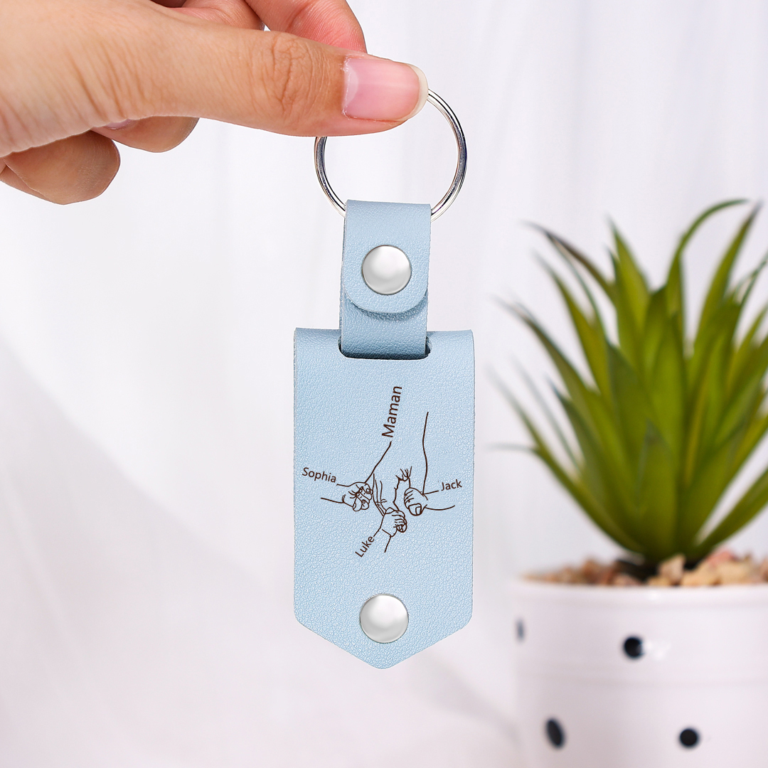 À ma Maman - Porte-Clés Cuir la Main dans la Main 3 Prénoms Personnalisés avec Photo