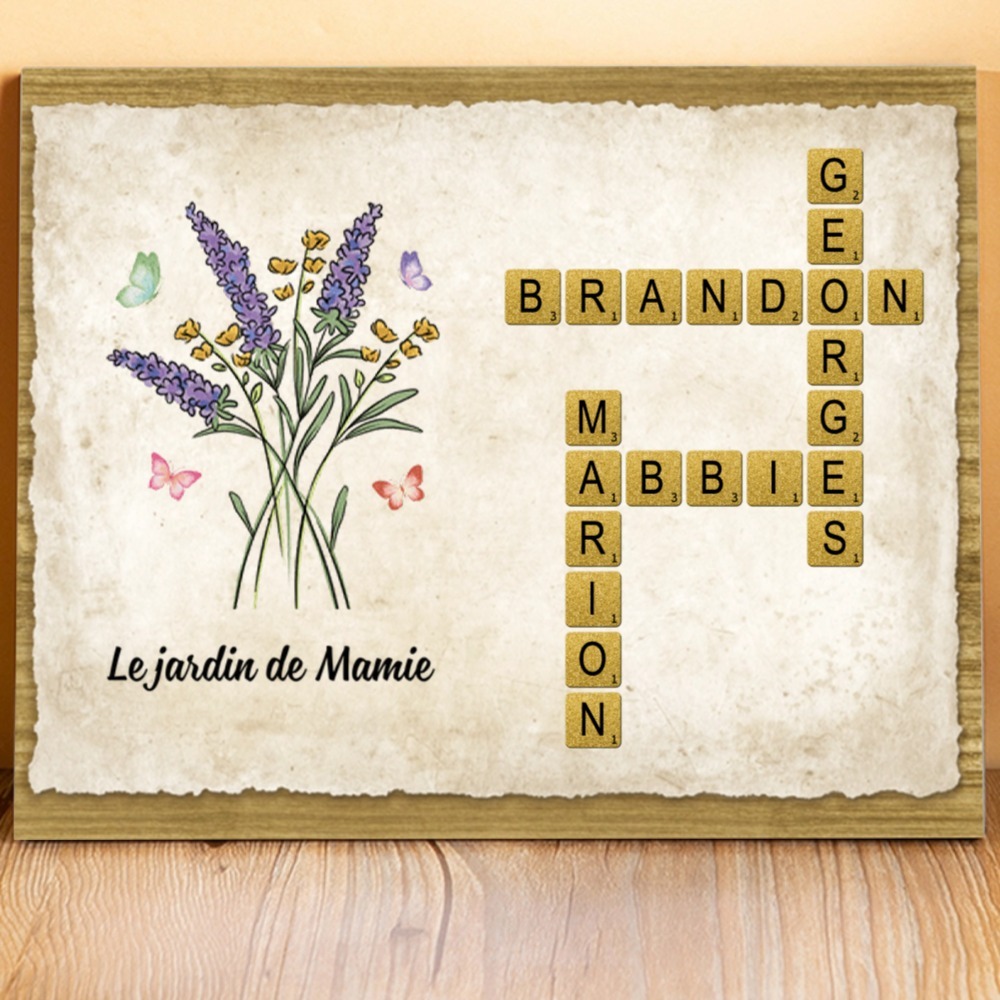 À Mamie - Cadre en Bois grille de mots croisés 1-7 Prénoms Personnalisés Jardin de Mamie Cadeau Pour Grand-Mère | Jessemade
