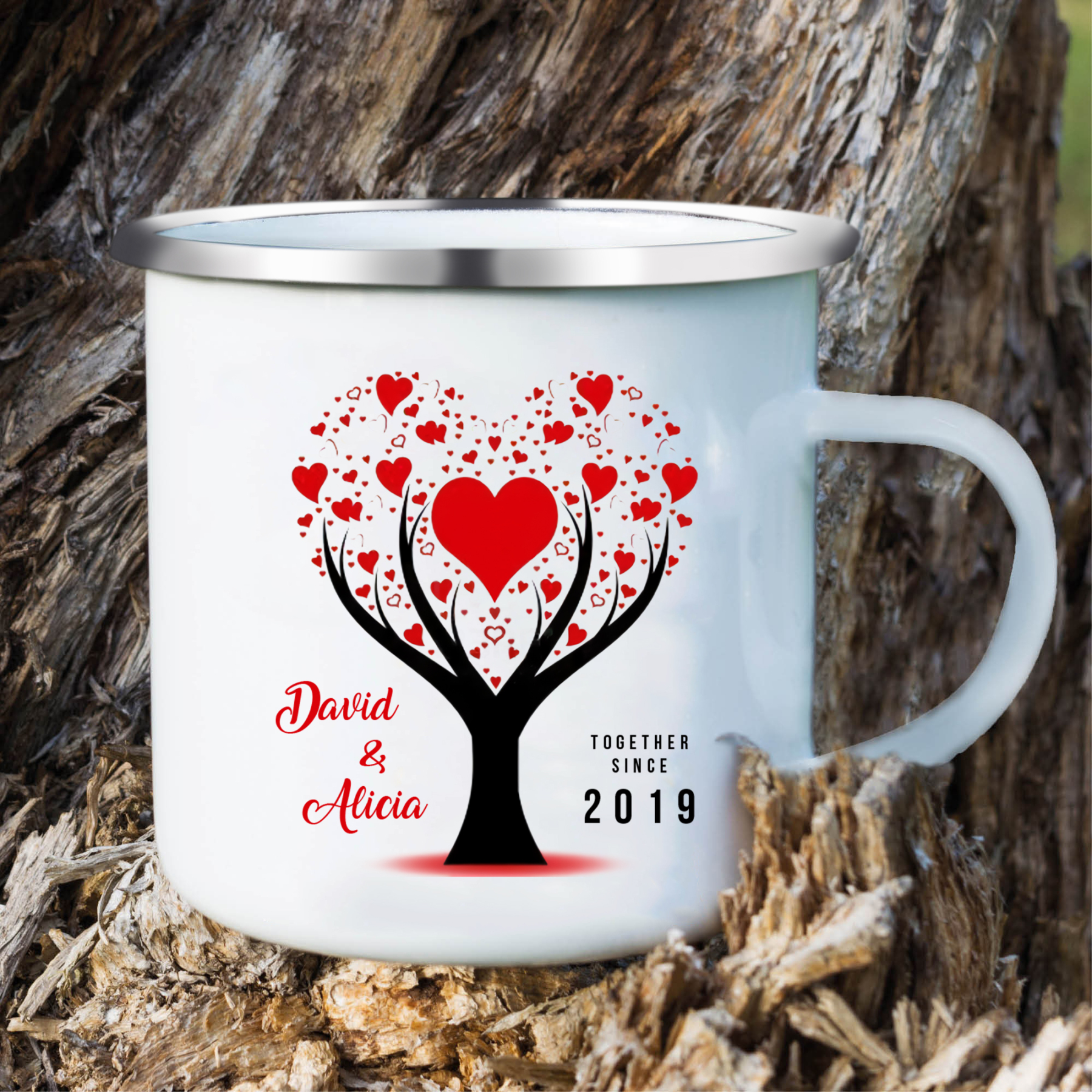 Tasse émaillée 2 Prénoms Personnalisés avec Texte et Année pour Couple