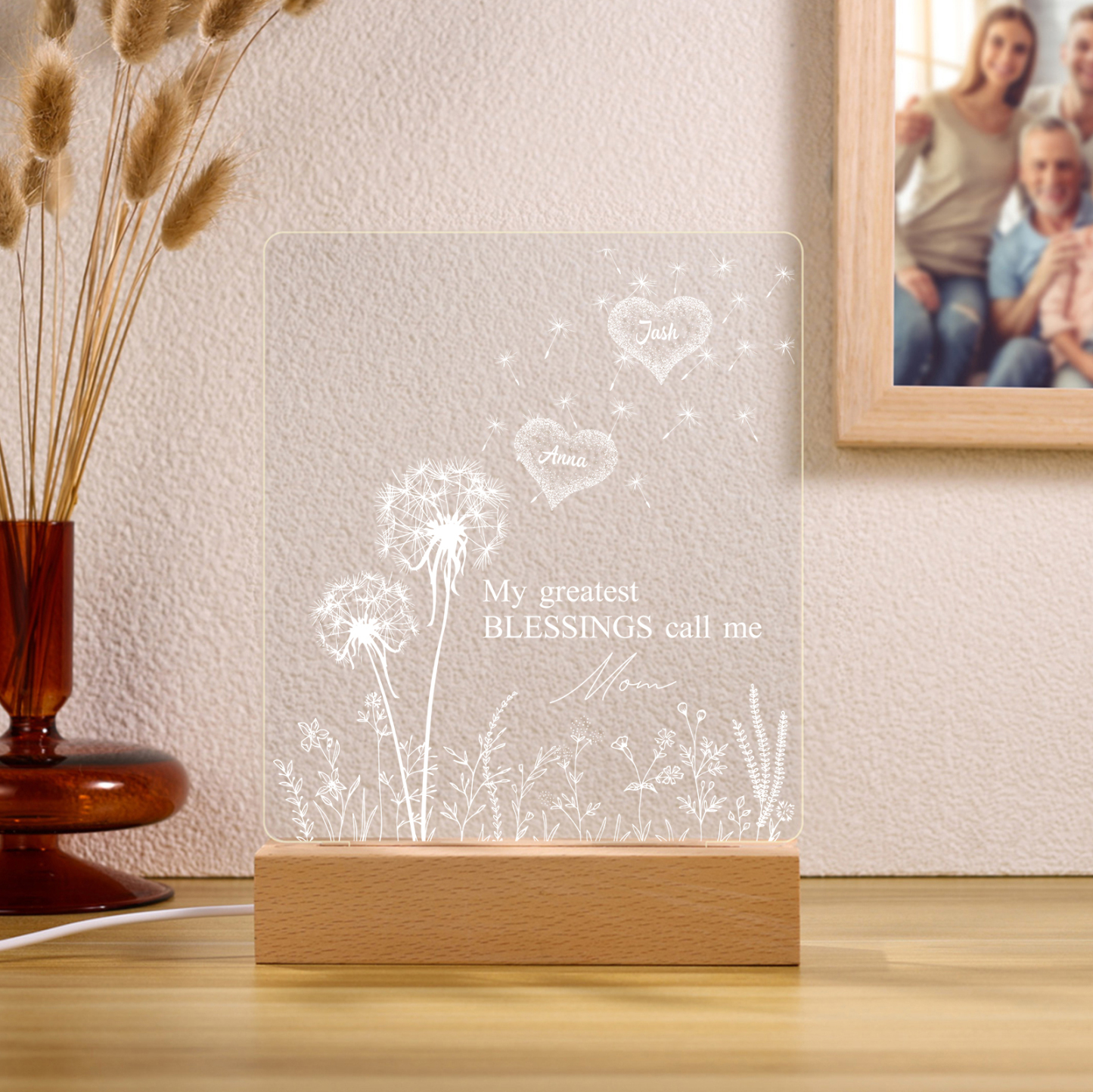 À Maman/Mamie - Lampe de chevet LED Pissenlit 2 Prénoms Personnalisés avec 2 Textes pour Famille