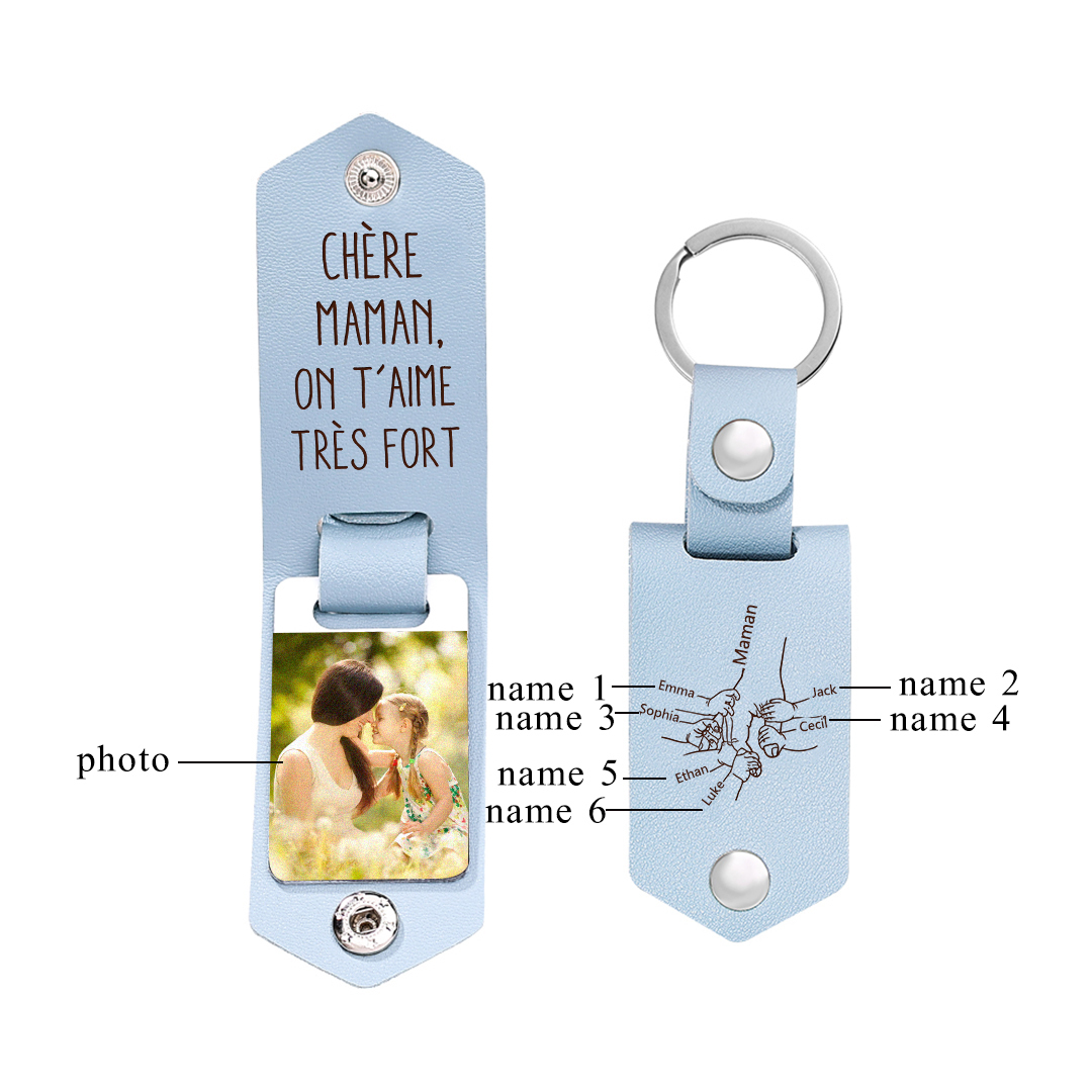 À ma Maman - Porte-Clés Cuir la Main dans la Main 6 Prénoms Personnalisés avec Photo
