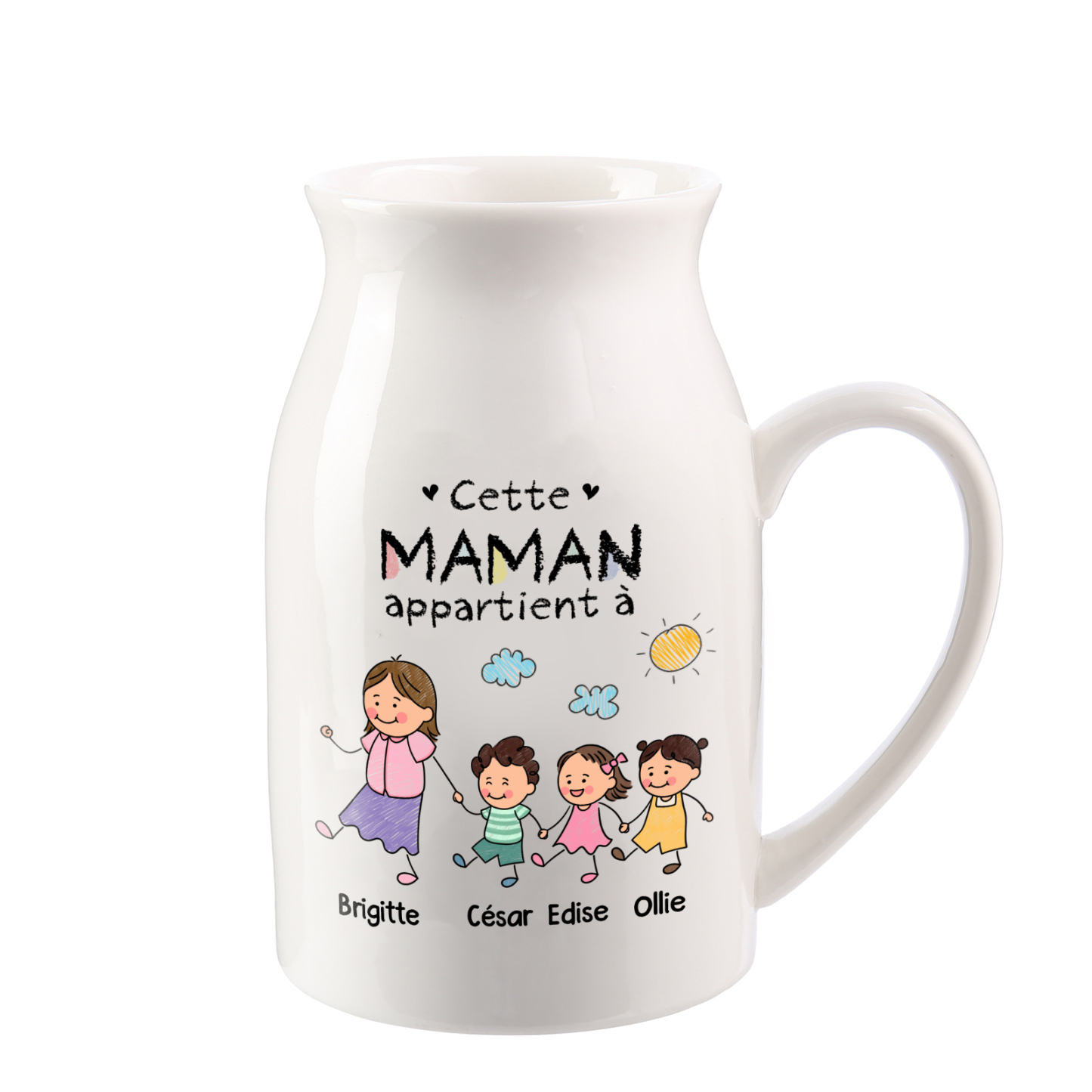 Vase à fleurs Personnalisée en Céramique pour Maman ou Mamie, conçue avec 1 à 8 Prénoms