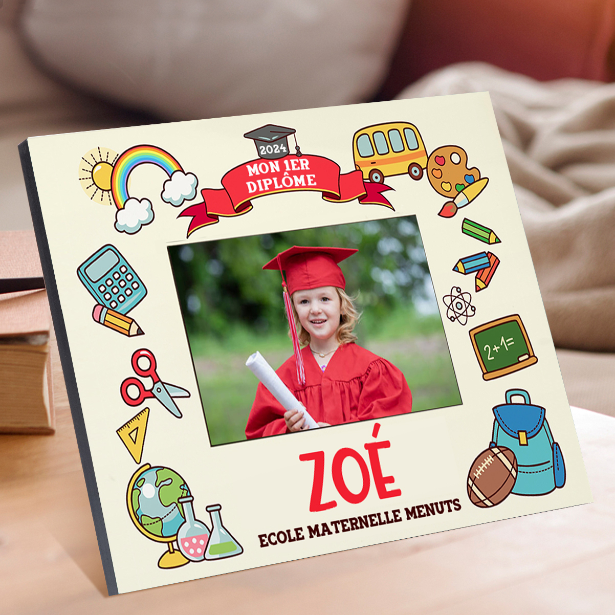 Cadre en Bois Diplômés de la Maternelle Prénom et Photo Personnalisés avec Année et Texte Cadeau pour Enfants