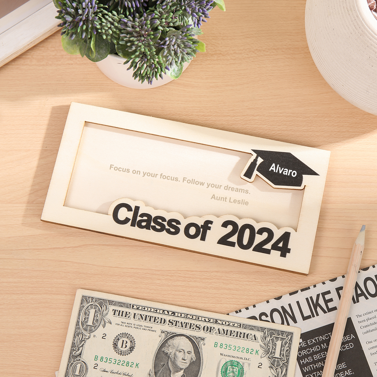 Porte-Cartes Diplômé en bois Prénom et Texte Personnalisés Cadeau de Graduation