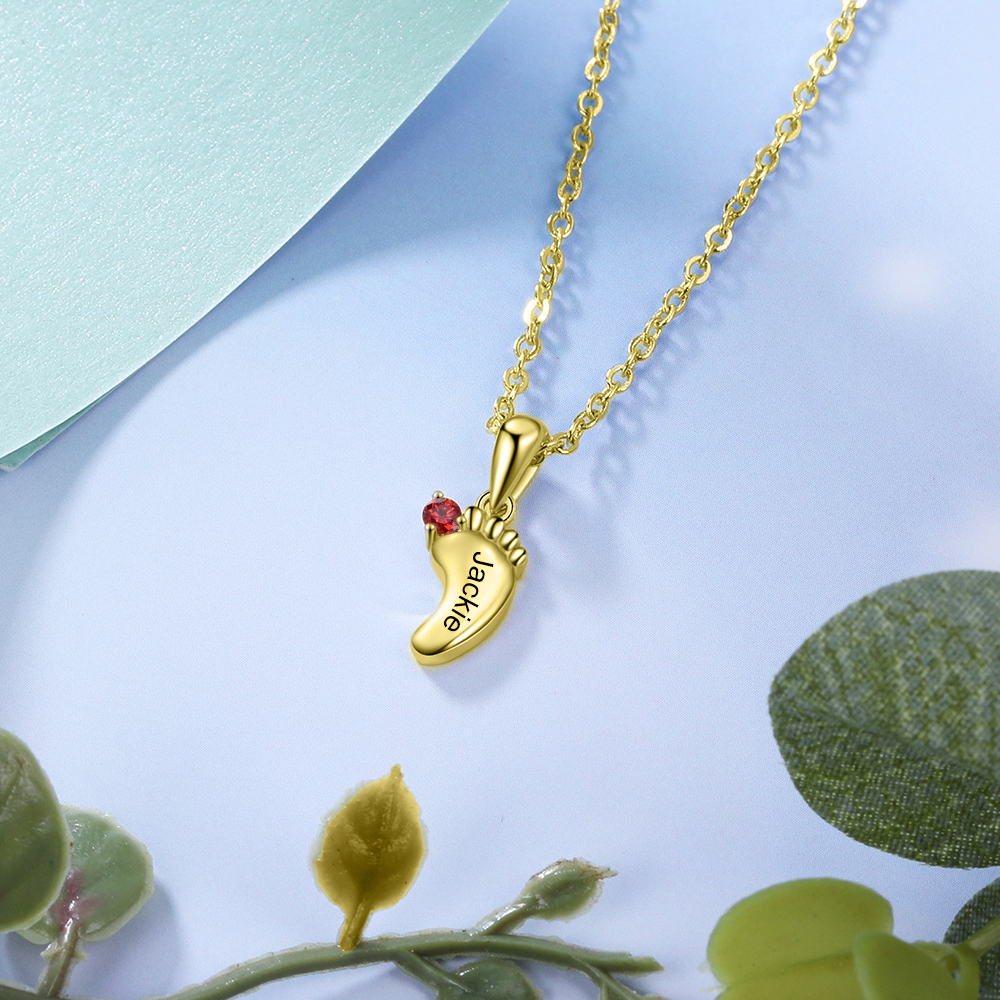 Collier 1 Prénom Personnalisé pied bebe avec pierre de naissance