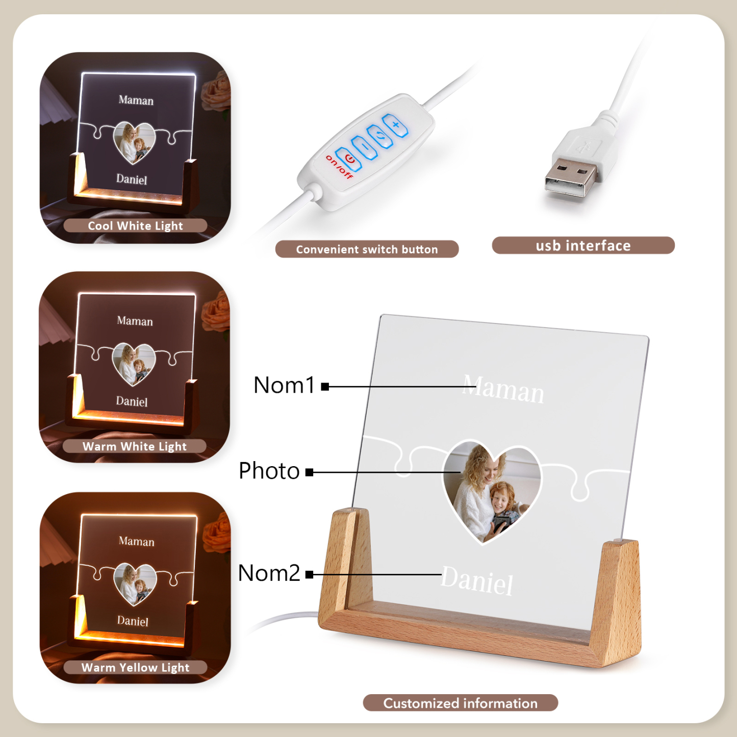 Lampe de chevet LED Puzzles 2 Prénoms Personnalisés avec Photo pour Famille