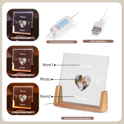 Lampe de chevet LED Puzzles 2 Prénoms Personnalisés avec Photo pour Famille